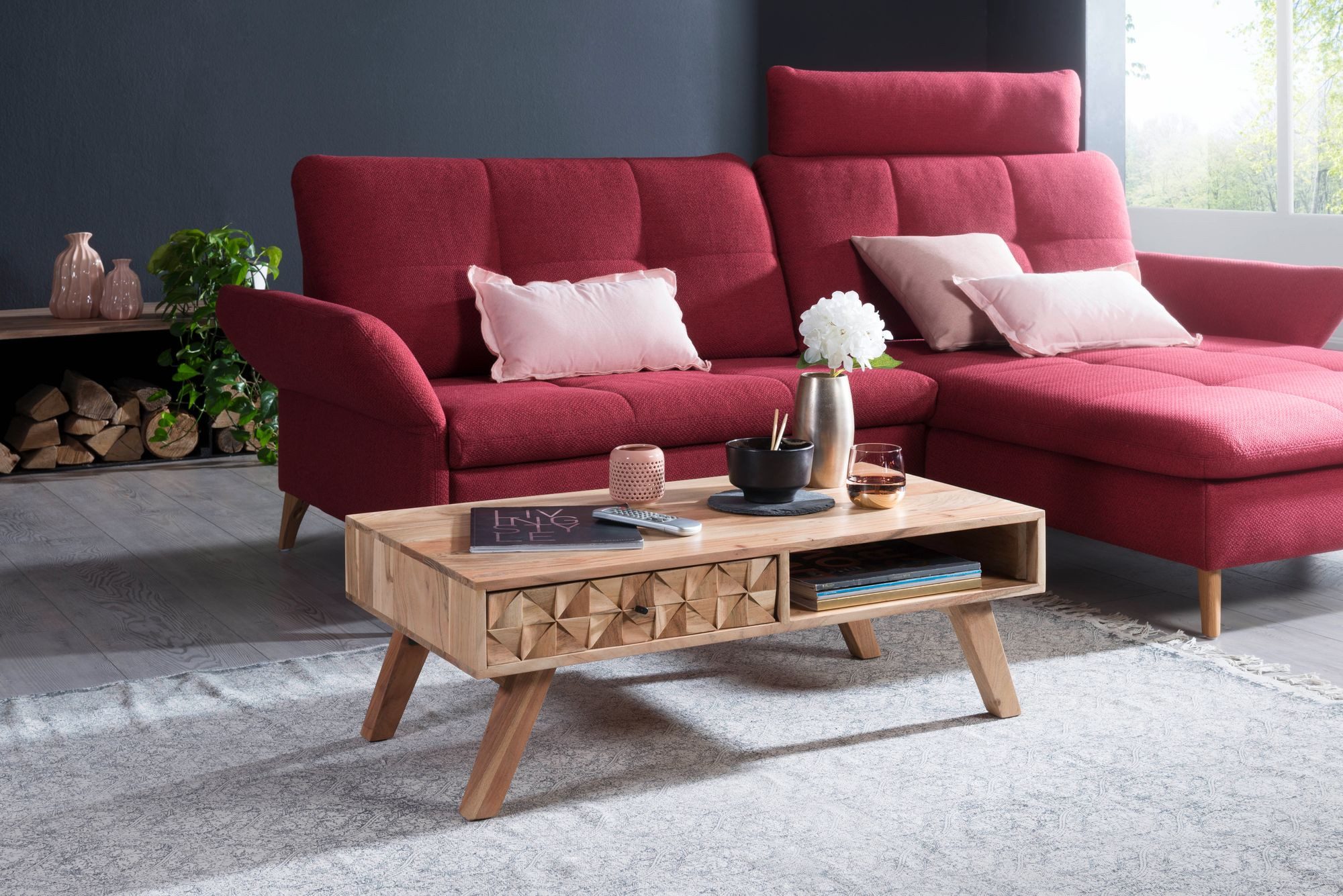 FINEBUY Couchtisch FB50987 Akazie Massivholz 95cm Wohnzimmertisch Schublade Ablage (95x35x50cm Akazie Massivholz / Metall Rechteckig), Wohnzimmertisch Schublade, Sofatisch Kaffeetisch