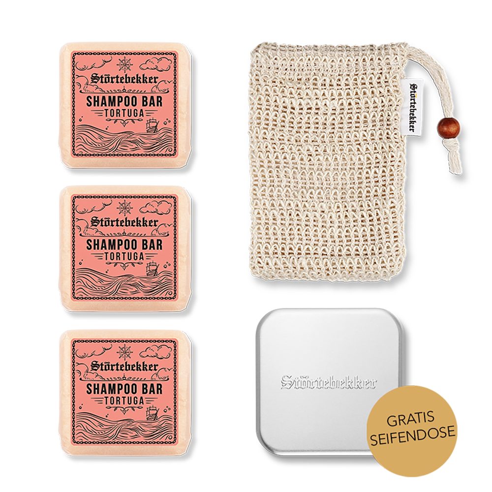 Störtebekker Festes Haarshampoo Duschset - 3x Shampoo, Soap Bag und GRATIS Seifendose, Veganes Shampoo, praktische Aufbewahrung, handgefertigt in Holland