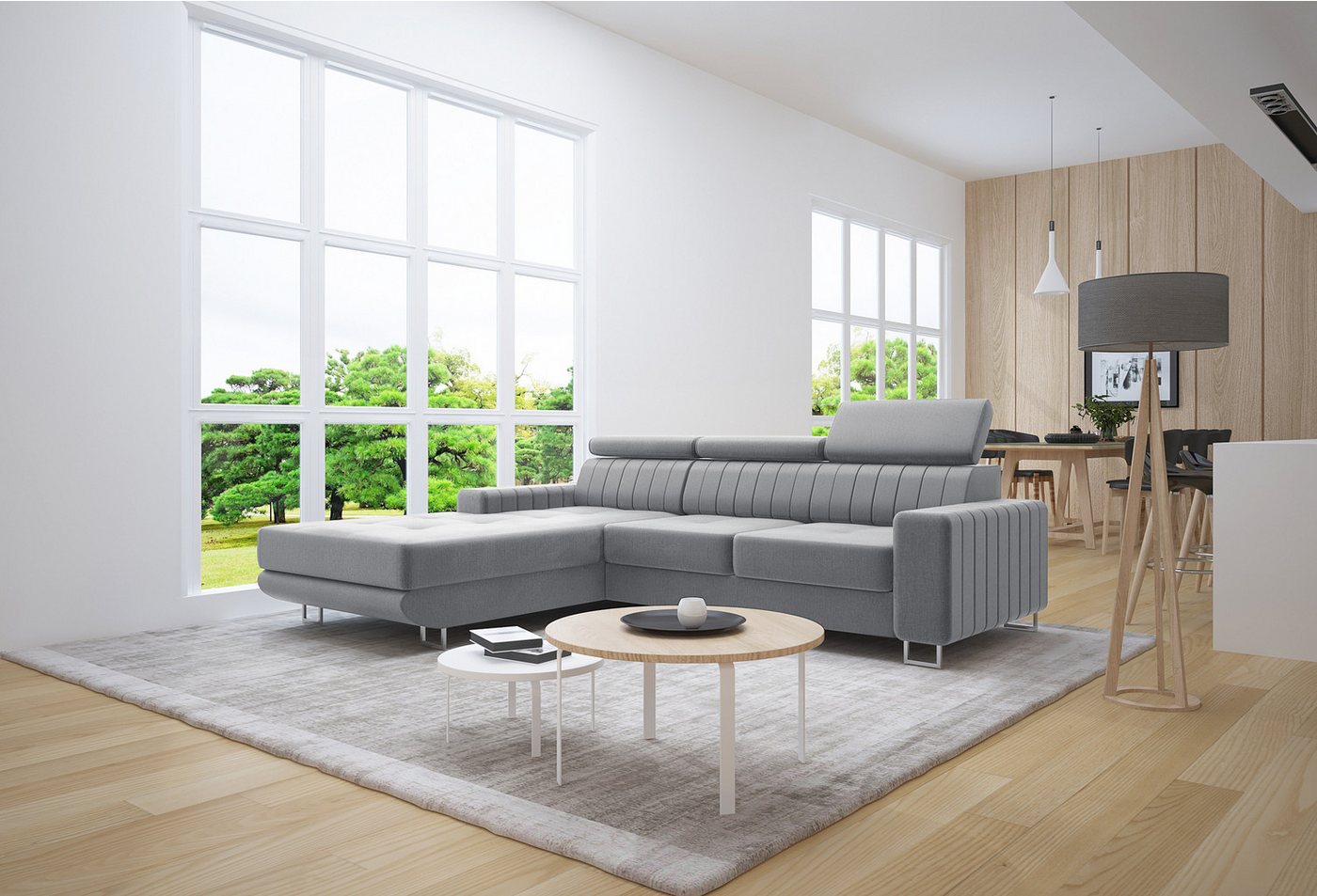 thematys Ecksofa EVORA mit Schlaffunktion und Bettkasten, Samt Velours, - mit verstellbaren Kopfstützen, – L-Form 250×183 cm – Schlafsofa mit Auszug