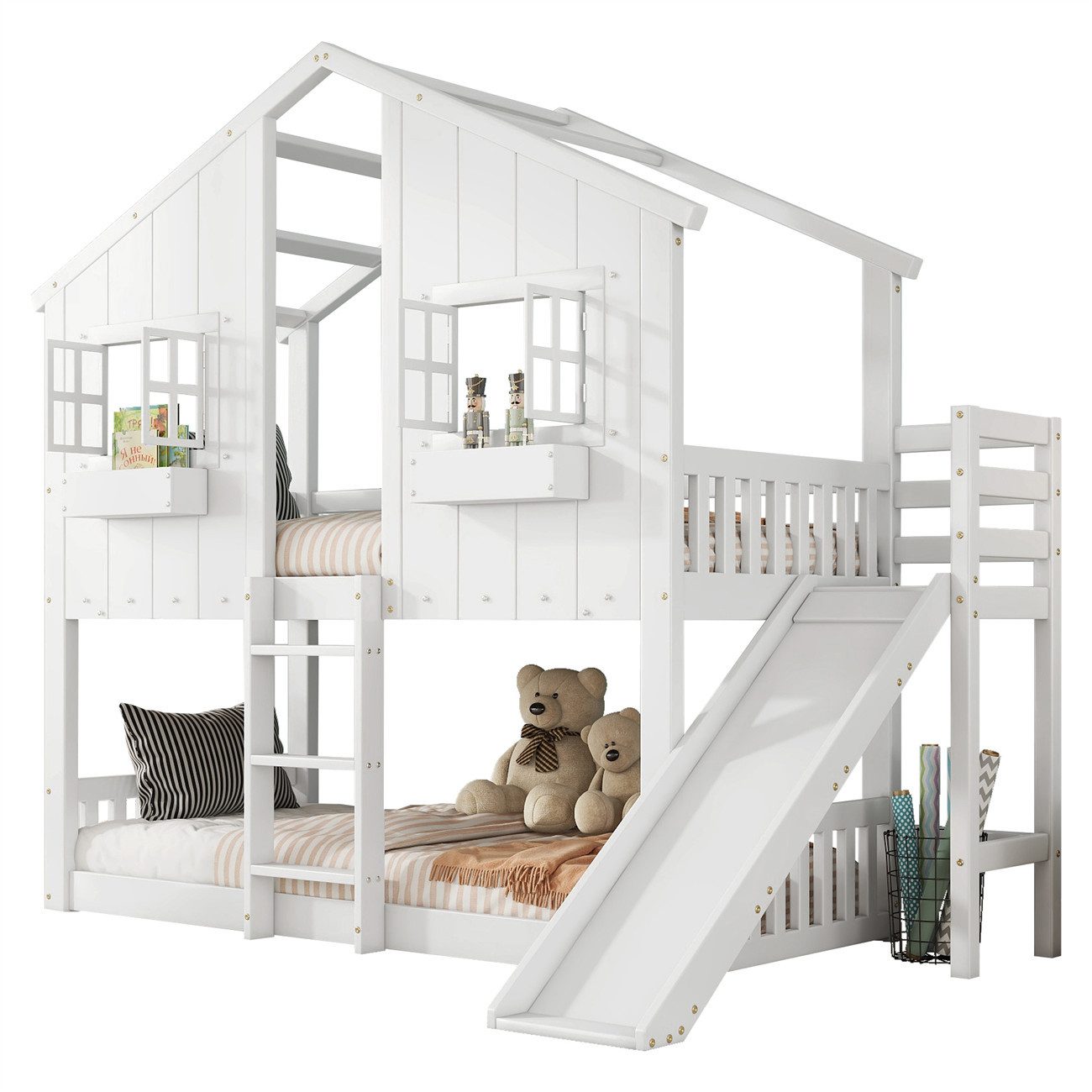 autolock Kinderbett Etagenbett,Kinderbett Mit Kinderrutsche, Mit Dach und Fenster, mit Fallschutzgitter,dreistufiger Leiter,Kiefer+MDF,90x200cm