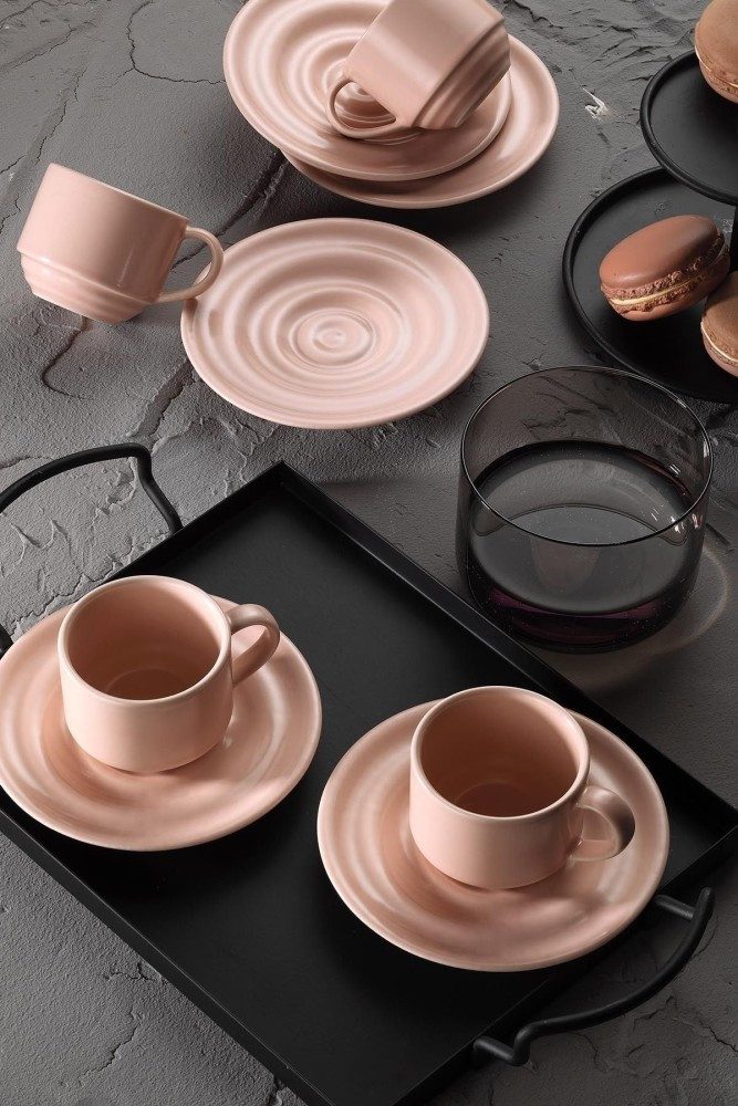 Kütahya Porselen Kaffeeservice Kütahya Porselen Kaffeetassen Set 12-tlg. für 6 Personen Rosa, Porzellan