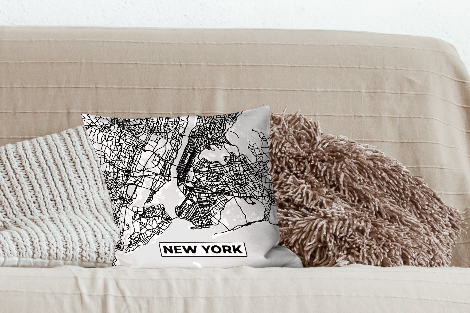 mit von Schwarz Stadtplan New Dekokissen York MuchoWow - Karte Füllung Schlafzimmer, Wohzimmer, für - Zierkissen Weiß, Sofakissen Deko, und