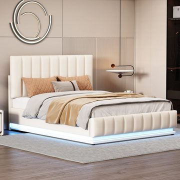 OKWISH Polsterbett Doppelbett (140 x 200 cm mit LED, Metalllattenrost & Bettkasten), mit höheverstellbarem Polsterkopfteil & hydraulischem Stauraum