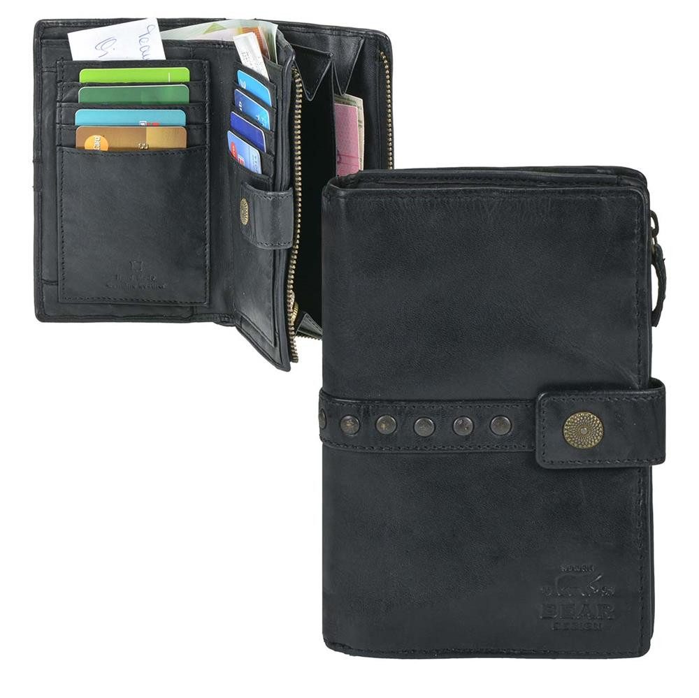 Bear Design Geldbörse "Sanne" Cow Lavato Leder, Damenbörse, Portemonnaie, knautschiges Leder schwarz, 8 Kartenfächer