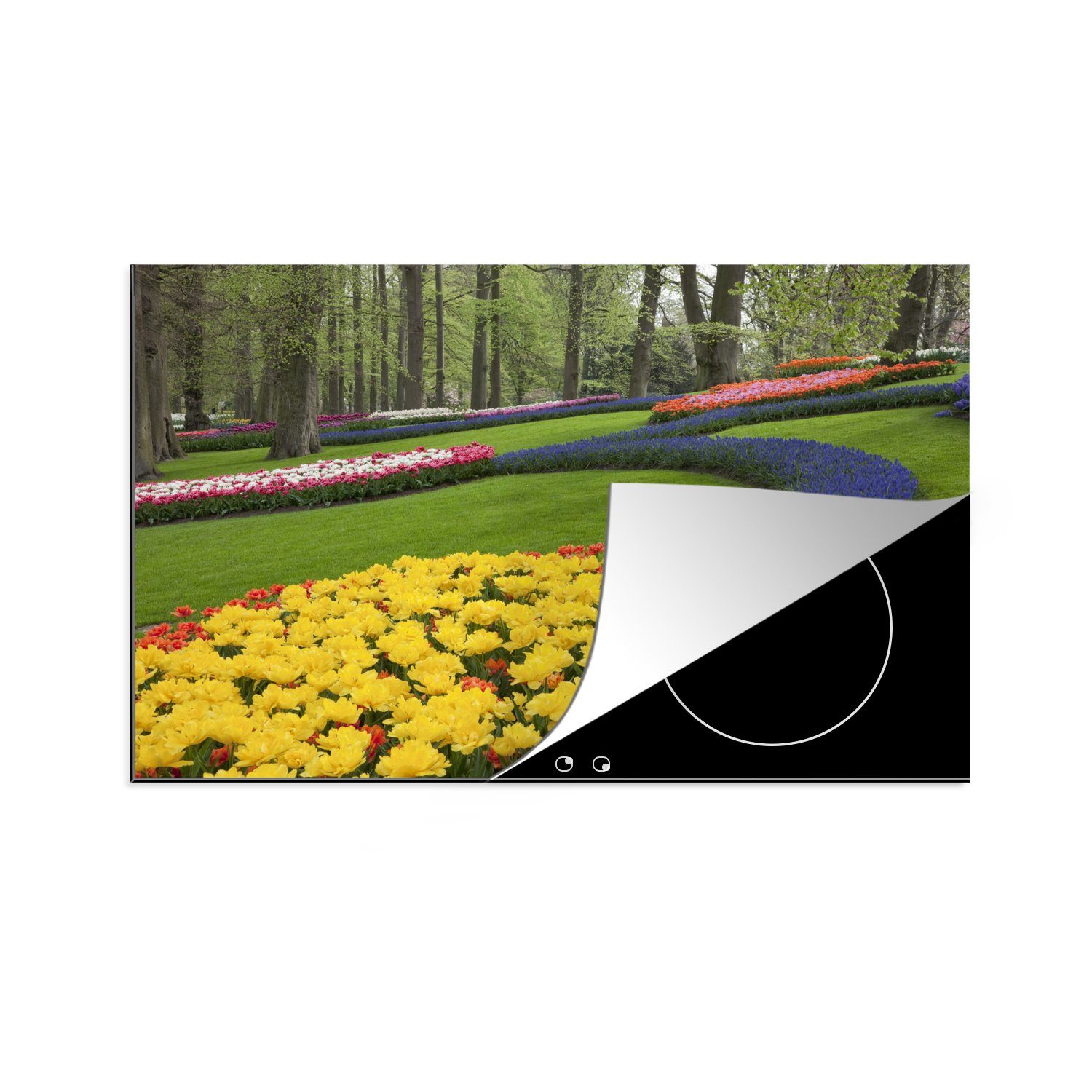 MuchoWow Herdblende-/Abdeckplatte küche, 81x52 Schutz (1 cm, Vinyl, Blumen in Ceranfeldabdeckung Keukenhof auf Induktionskochfeld im für Gras tlg), die dem Holland