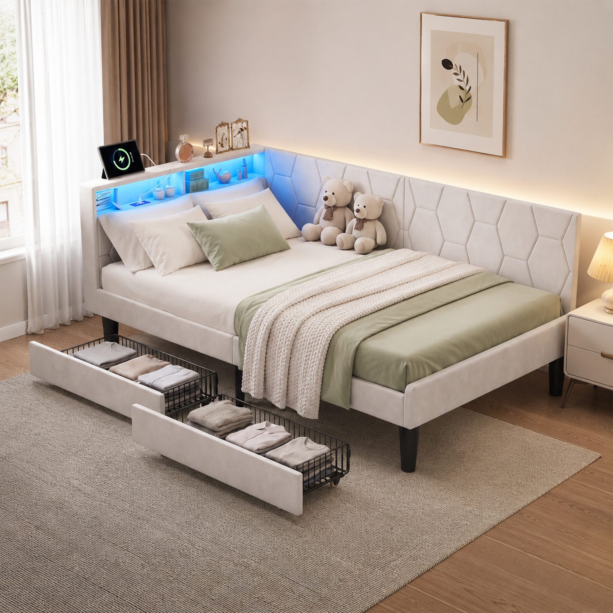 Simurq Einzelbett Polsterbett 90x200 mit Stauraum, Einzelbett mit Schublade (Stauraum-Schublade, Seitenschutz, USB & Type-C, Samt), Stauraumbett, Tagesbett mit Sofa-Funktion, Samt