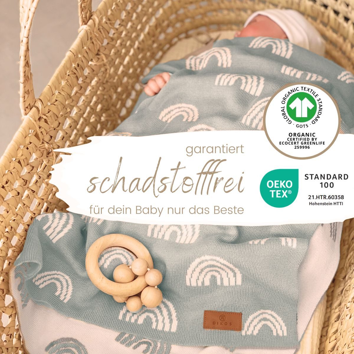 Babydecke DIKOS® Babydecke Baumwolle – Regenbögen – 100 % Bio Baumwolle, DIKOS, PREMIUM Qualität atmungsaktiv, nachhaltig, plastikfrei, kuschelweich