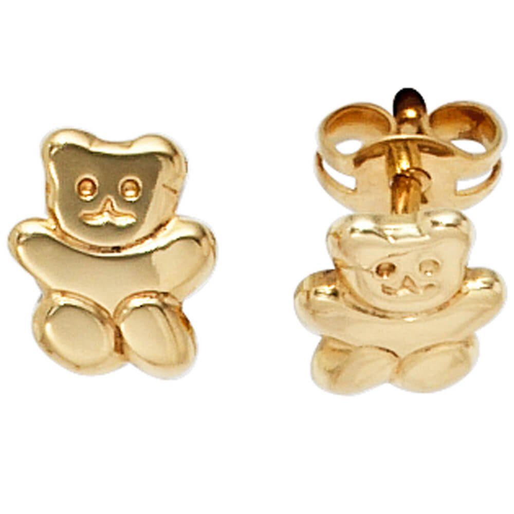 Schmuck Krone Paar Ohrstecker Ohrstecker Stecker Ohrringe Teddy Bär aus 333 Gelbgold Ohrschmuck, Gold 333