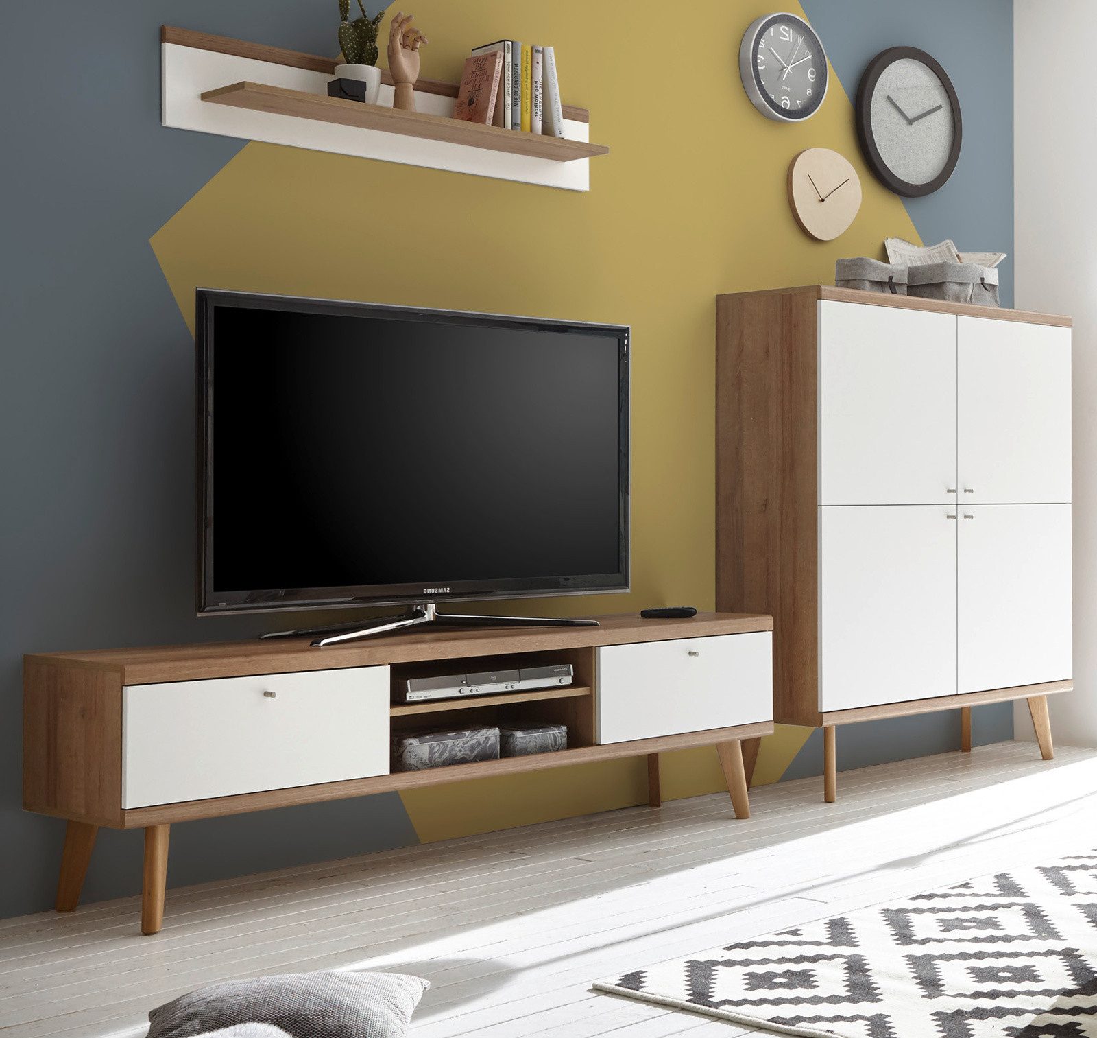 Furn.Design Wohnwand Helge, (in weiß und Eiche Riviera, 3-St., 277 x 160 cm), skandinavisches Design