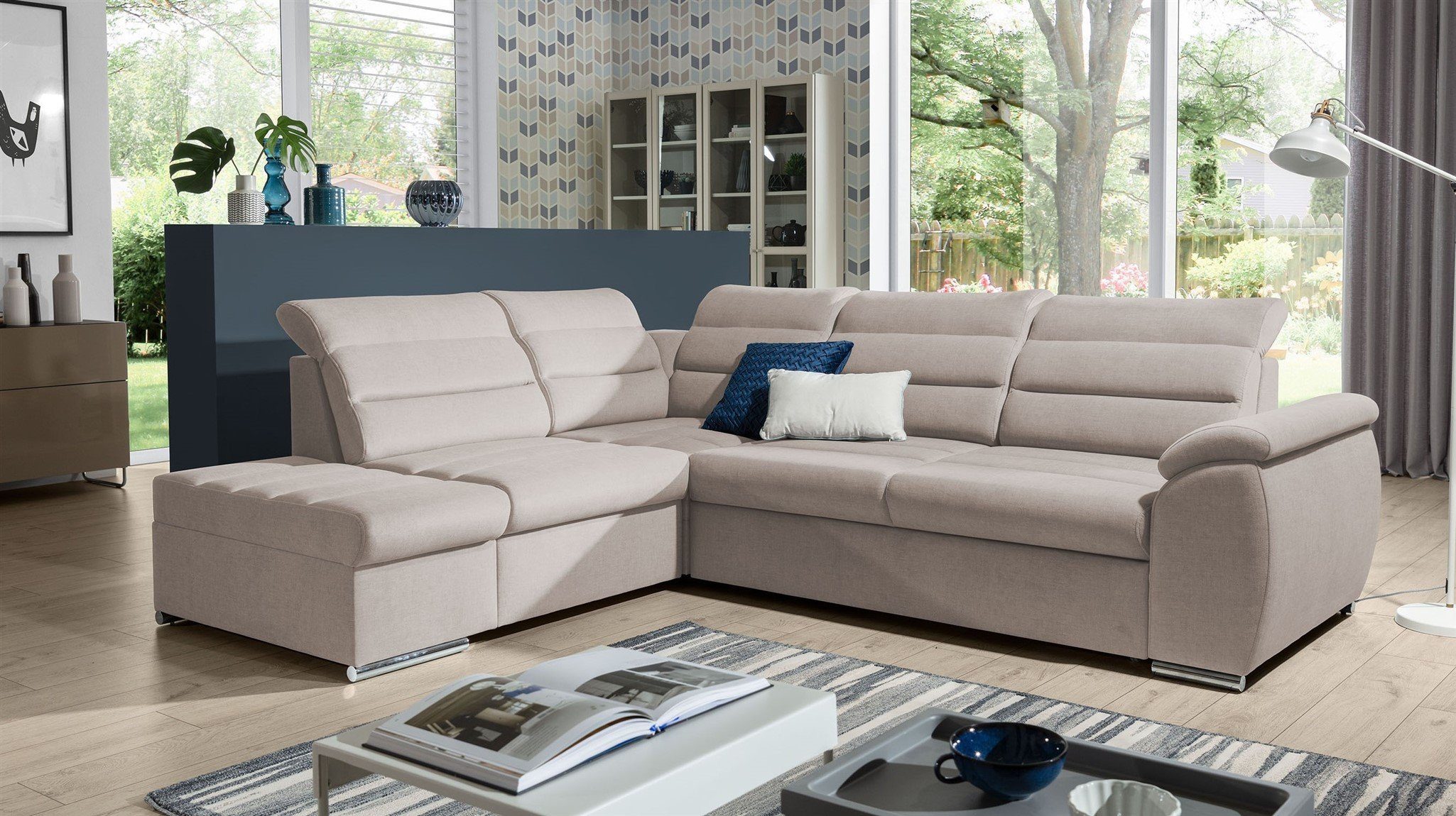 Fun Möbel Ecksofa Schlafsofa PASCARA Velourstoff Esito mit Ottomane, inkl. Bettkästen und Ottomane, Rundumbezug