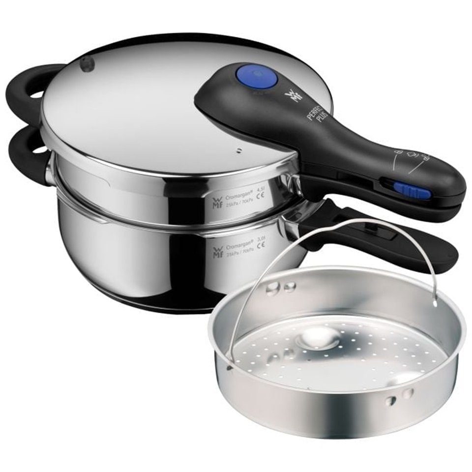 WMF Schnellkochtopf Perfect Plus, Cromargan® Edelstahl Rostfrei 18/10 (Schnellkochtopf-Set mit Dampfgareinsatz, 4,5 und 3,0 Liter, 3-tlg., stapelbar), One Pot