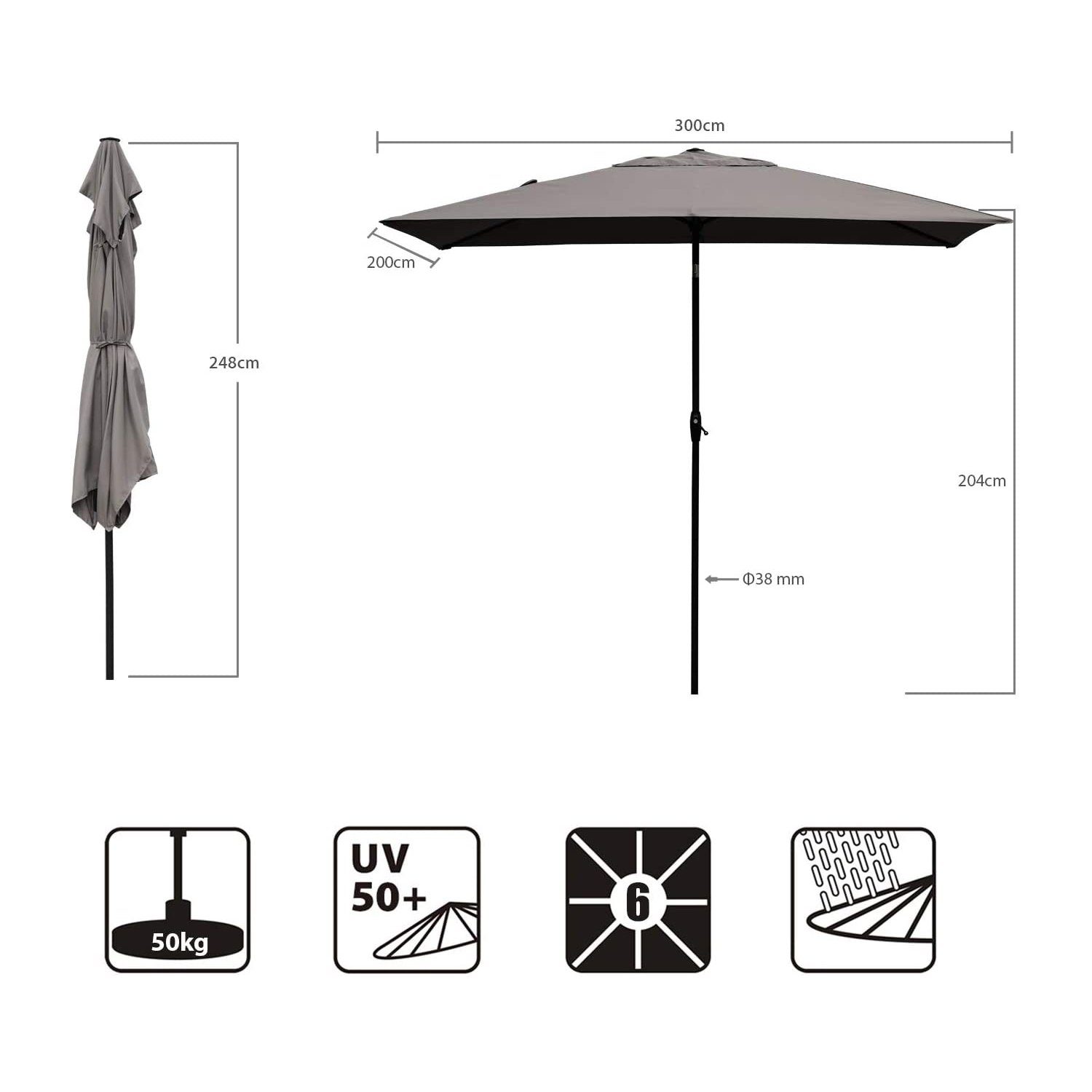 Sekey Sonnenschirm Rechteckig 3x2 m Sonnenschirm Aluminium Marktschirm mit Kurbel, Gartenschirm Groß, mit/ohne LED-Lichtern, 30° knickbar, für Garten – Bild 3 von 5