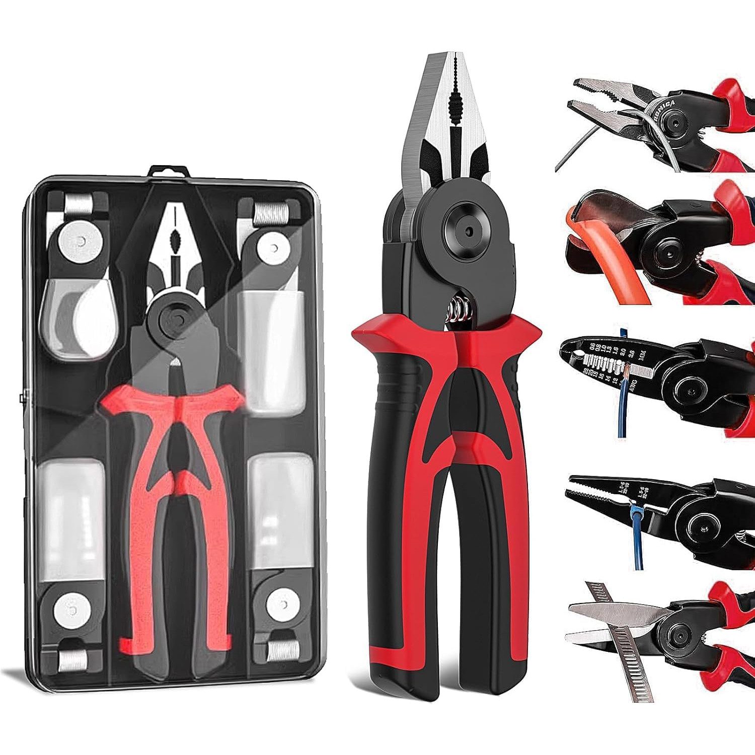 Refined Living Crimpzange 5 IN 1 Multifunktionszangen-Set mit 5 austauschbaren Инструментköpfen, Elektriker Щипцы Set mit Drahtabisolierzange, Crimpzange, Linienzange 1-tlg., Kabelschneider, Elektrikerschere, Kombizange Щипцыset männergeschenke, mit Aufbewahrungskoffer Zum 20-10 Awg Kabel Abisolieren, Crimpen