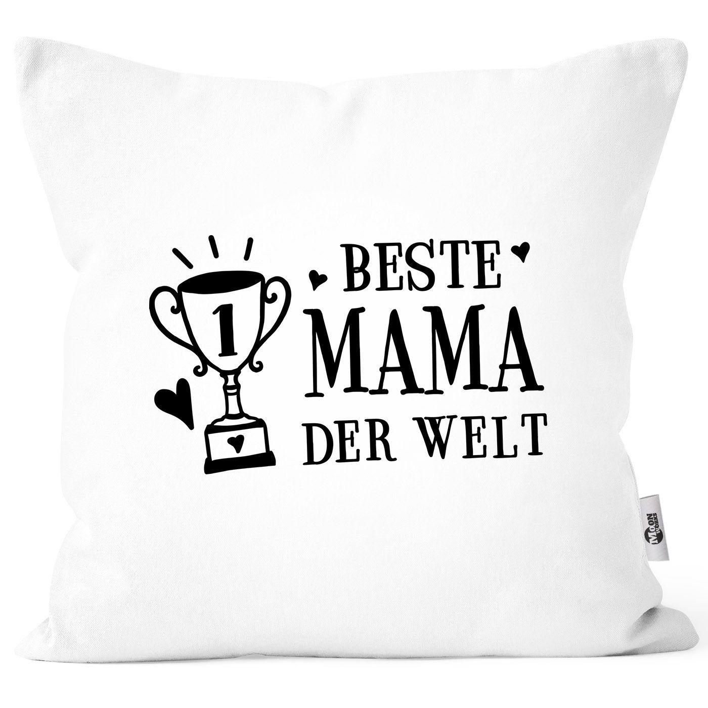 MoonWorks Dekokissen MoonWorks® der Mama zum Welt Beste Pokal Kissen-Bezug Deko-Kissen Baumwolle Kissen-Hülle weiß Muttertag Geschenk