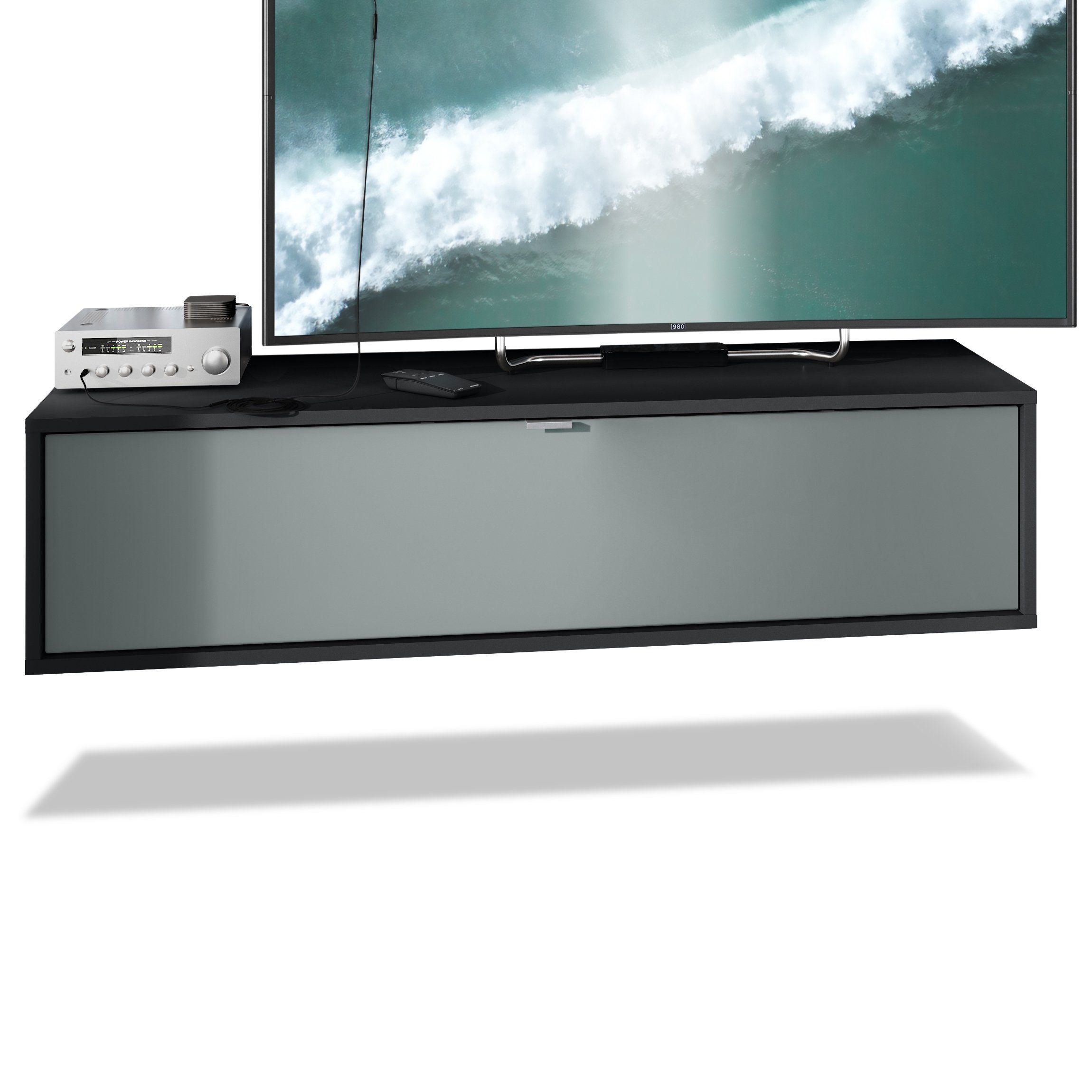 Vladon Lowboard Lana 1200 (TV-Kommode, mit Klappe dahinter 3 Fächer), Schwarz matt/Graphit seidenmatt (120 x 29 x 37 cm)