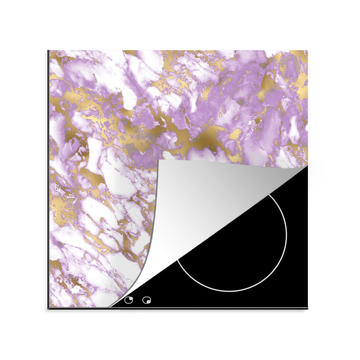 MuchoWow Herdblende-/Abdeckplatte Marmor - Weiß - Lila - Gold, Vinyl, (1 tlg), 78x78 cm, Ceranfeldabdeckung, Arbeitsplatte für küche