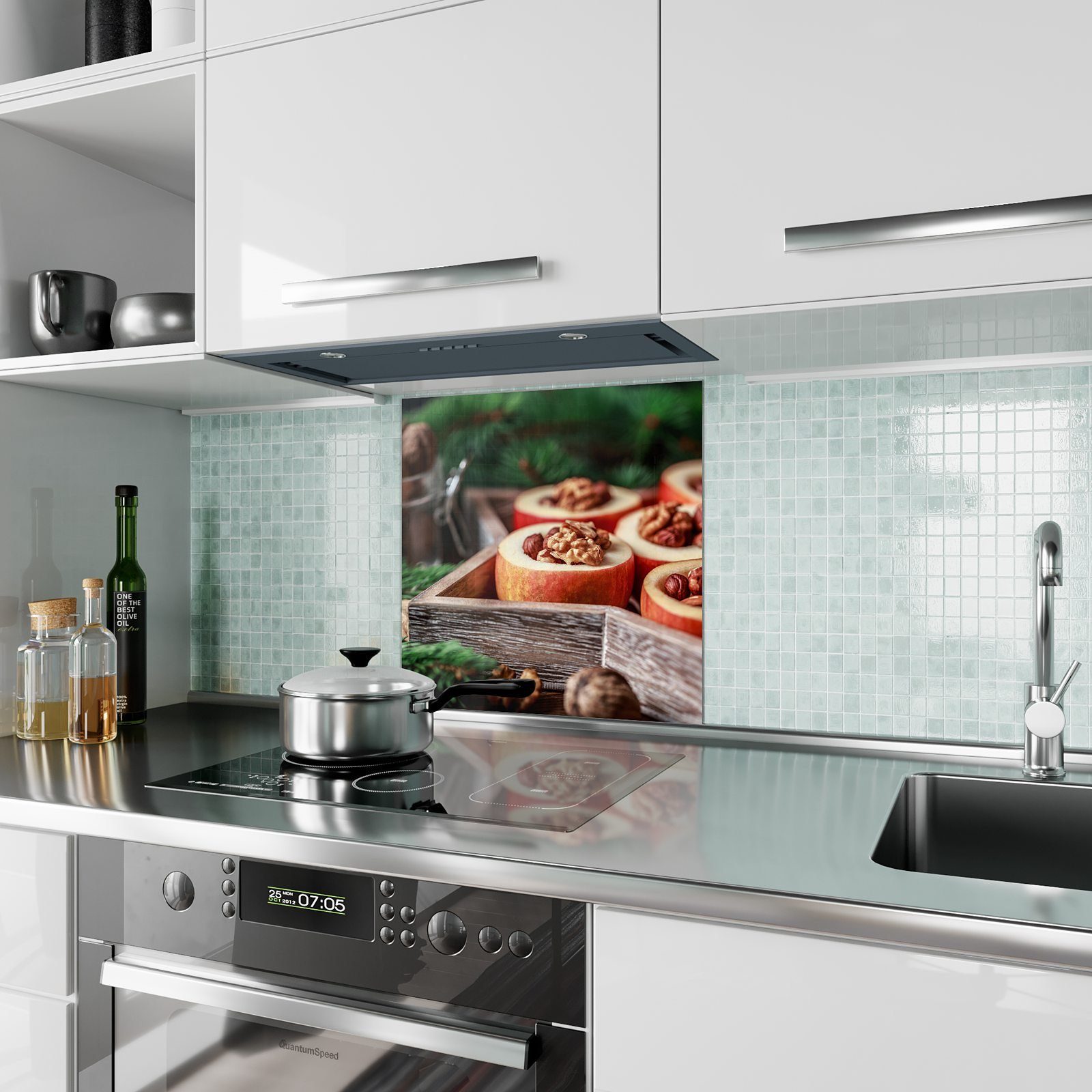 Primedeco Küchenrückwand Küchenrückwand Bratäpfel mit Glas Zimt Motiv mit Spritzschutz