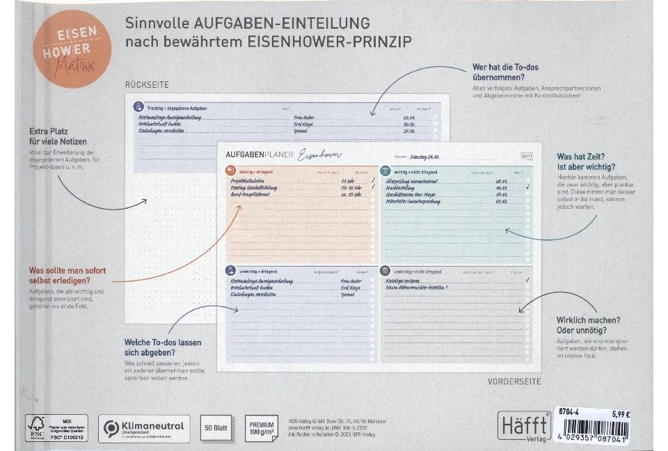 Häfft Notizheft Tisch-Block A4 Aufgabenplaner Management by Eisenhower