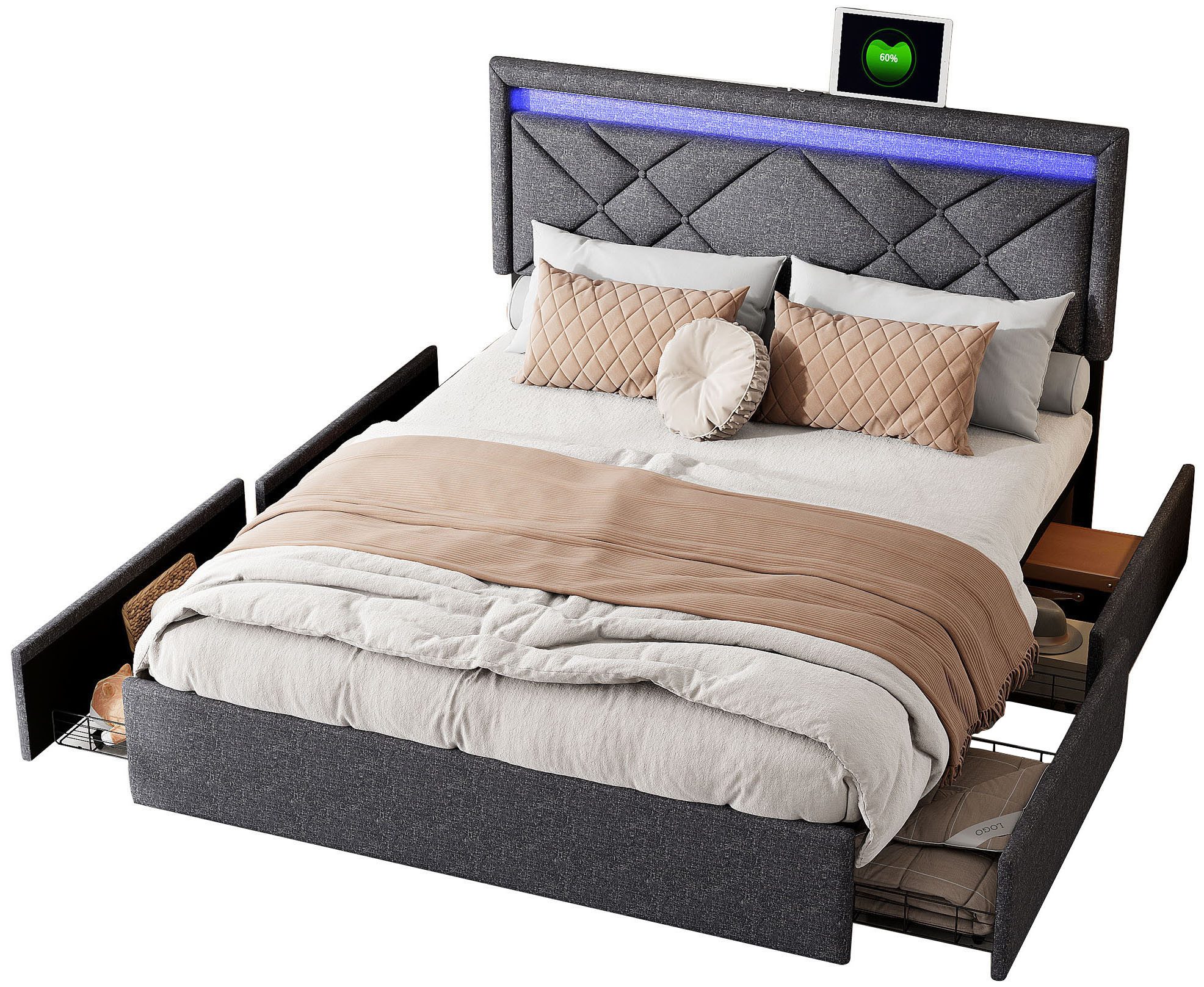 FUROKOY Polsterbett Doppelbett Stauraumbett Mit LED-Beleuchtung günstig online kaufen