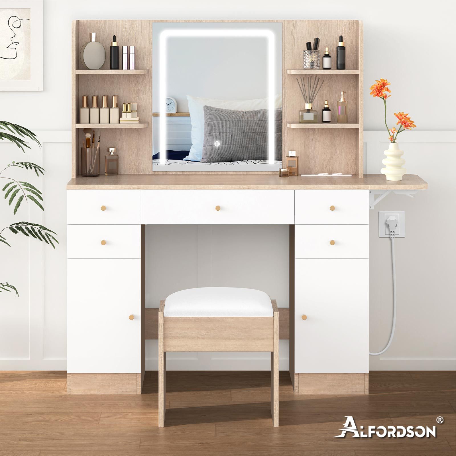 ALFORDSON Schminktisch Schminktisch mit LED-Spiegel und 5 Schubladen, Aufbewahrungshocker (1-St), Frisiertisch mit Steckdose und 10 Lichtern
