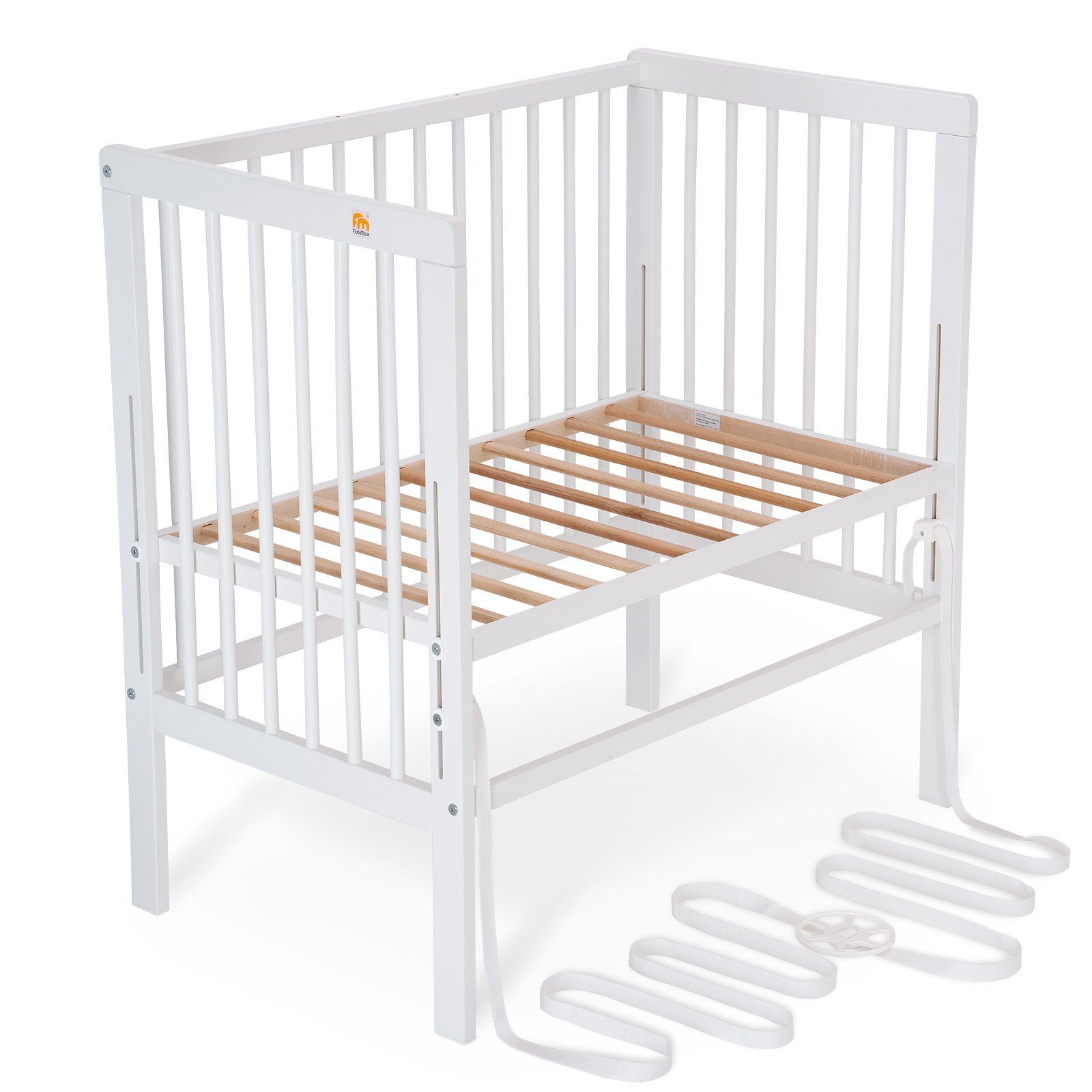 FabiMax Beistellbett Babybett Boxspring weiß lackiert, 90 x 55 cm Liegefläche, aus Buchenholz, Stufenlos höhenverstellbar 40-73 cm, Holz-Lattenrost – Bild 4 von 5
