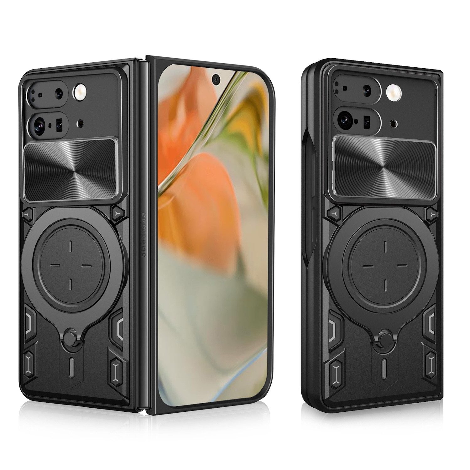 Wigento Handyhülle Für Google Pixel 9 Pro Fold Sliding Kamera Hybrid Ring Hülle Schwarz, CD Texture, Schiebekameraabdeckung, Magnetischer Halter