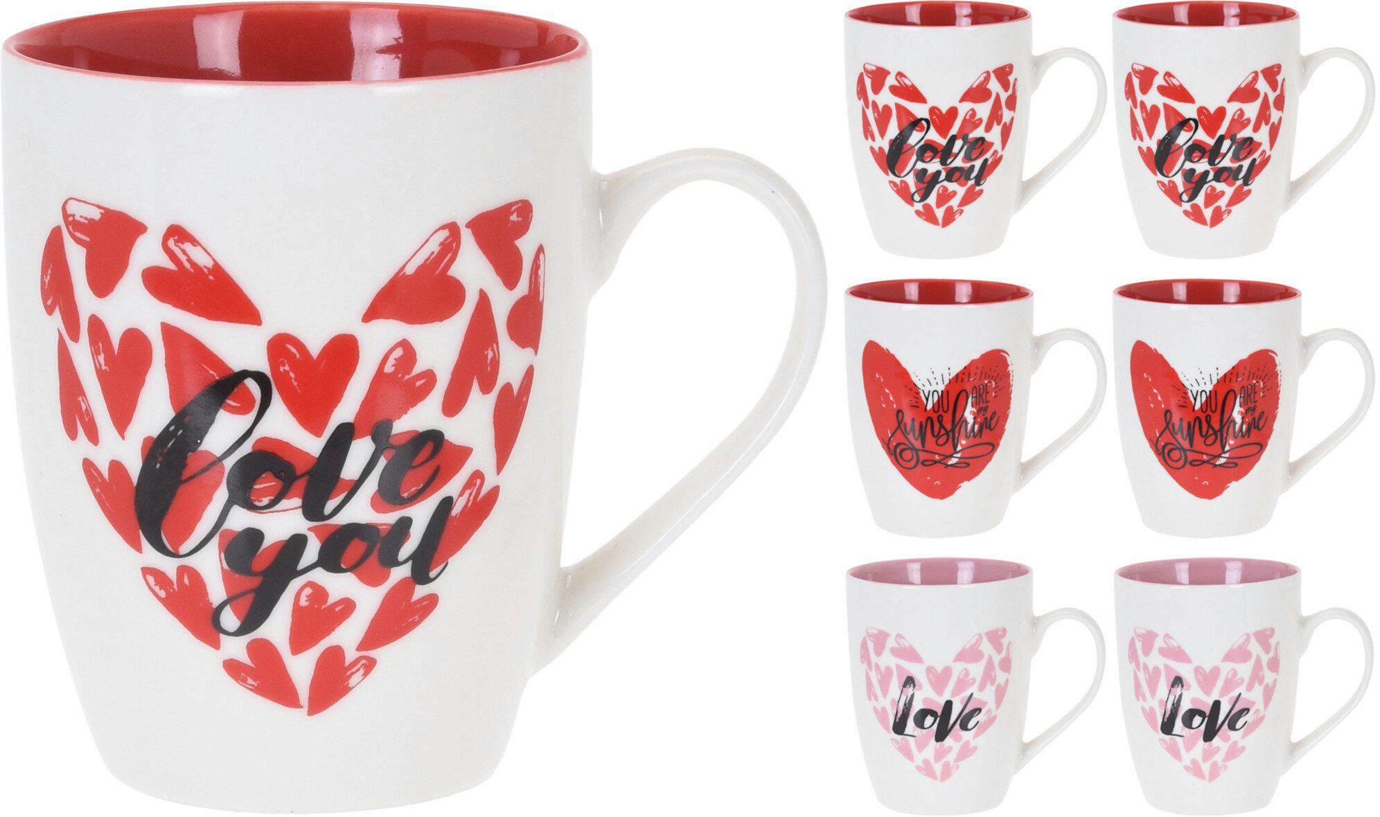 Koopman Becher Kaffeebecher Cafe Kaffeetasse Heißgetränke Trinkbecher, Porzellan, 6 tlg, Kaffeetasse, 3 Motive, Teetasse, Valentinstag Muttertag