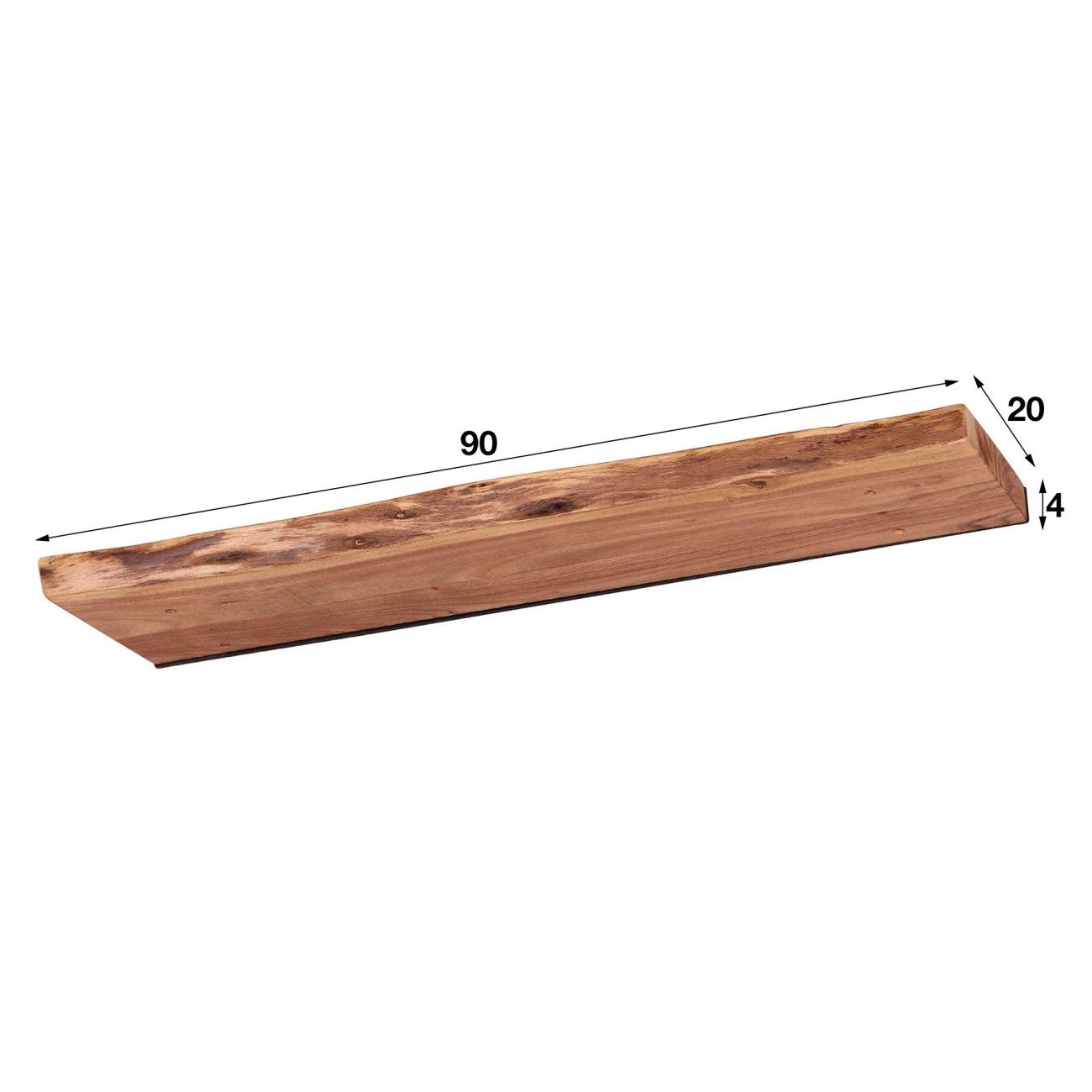 Feeling4Home Wandregal Bord - Akazienholz massiv, mit natürlicher Kante, 90 cm, Mit Baumstammoptik & verdeckter Befestigung – Bild 5 von 5