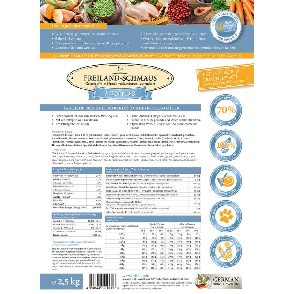 Bellfor Bellfor Trockenfutter mit Huhn für Welpen und Junge Hunde - Freiland-S, für: Hunde