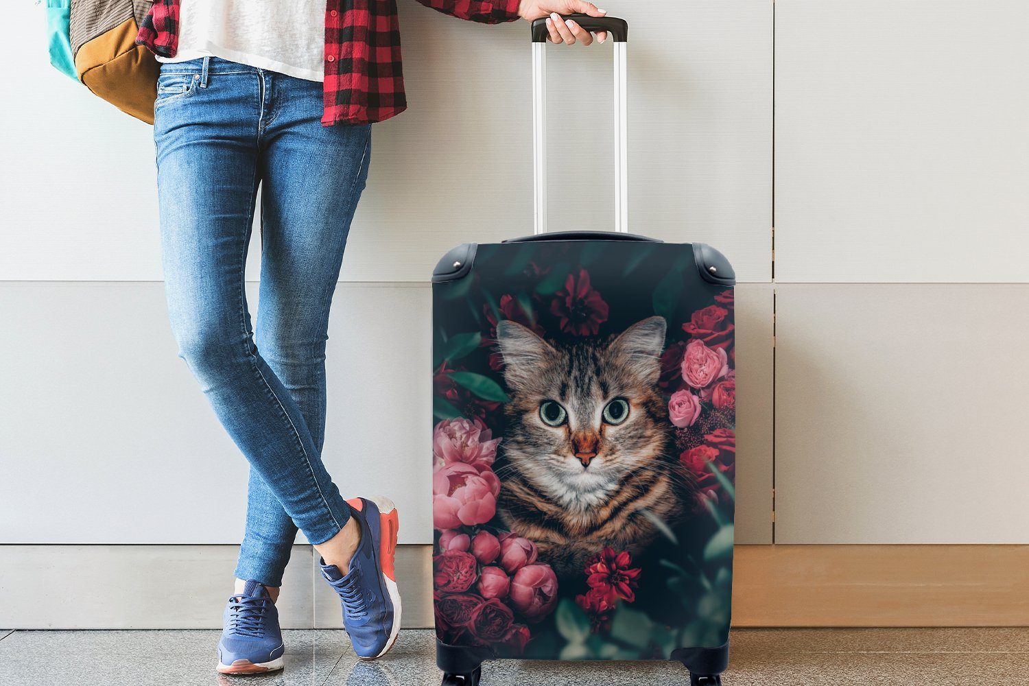 MuchoWow Handgepäckkoffer Katze Reisekoffer mit Handgepäck Botanisch, Trolley, rollen, Blumen Ferien, Rollen, - - 4 Reisetasche Blätter für 