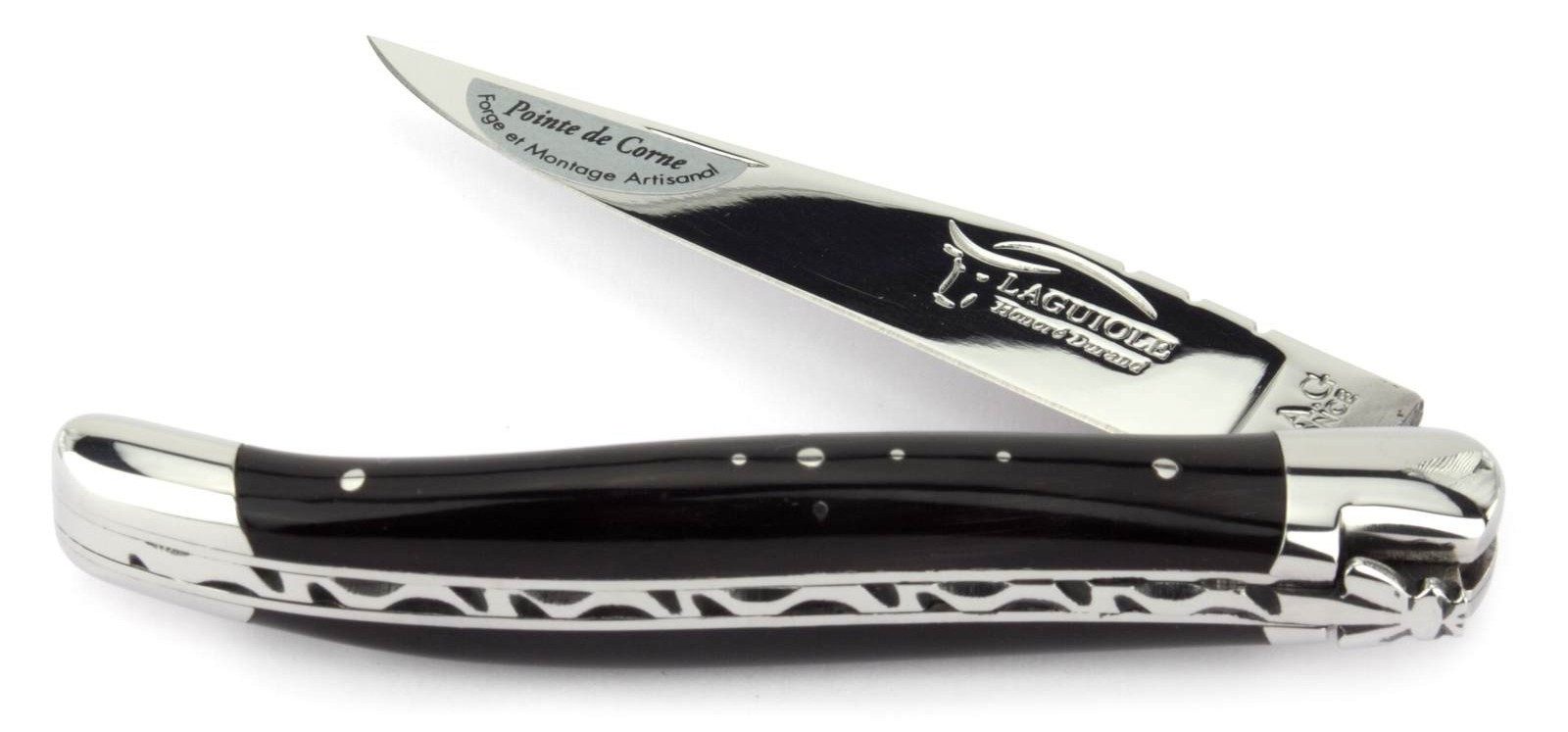 Laguiole Honoré Durand Taschenmesser 2LA111IB2AFT12PCO0 NOIR, "Prestige" - Griff 11cm Büfelhorn - Feder verziert - Stahl glänzend