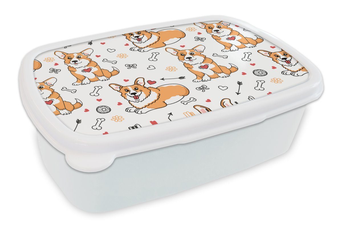 MuchoWow Lunchbox Hund - Corgi - Muster, Kunststoff, (2-tlg), Brotbox für Kinder und Erwachsene, Brotdose, für Jungs und Mädchen weiß
