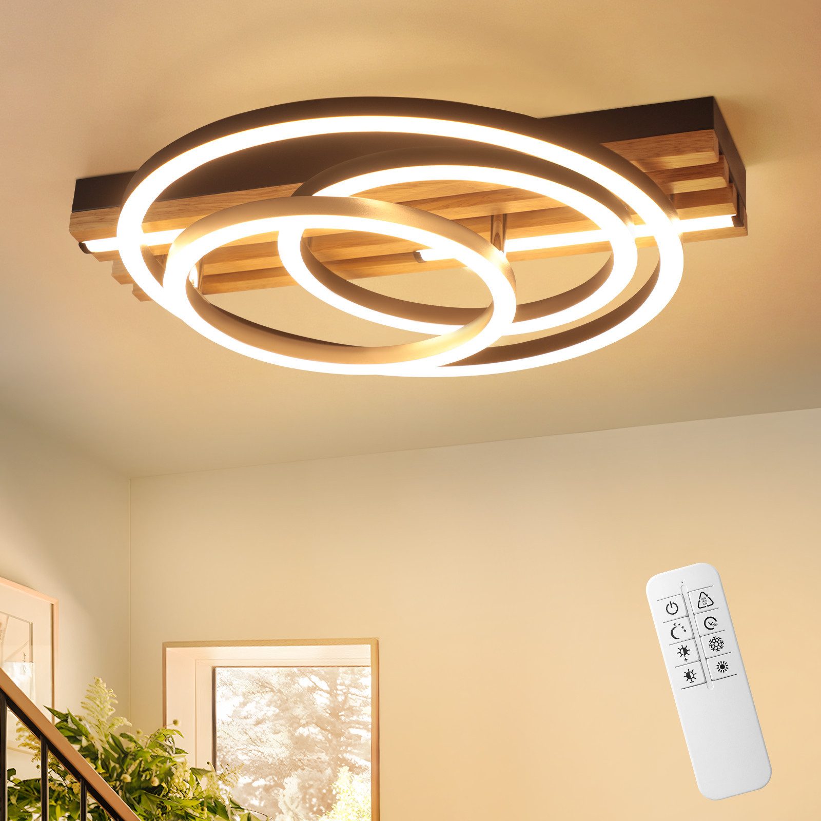 ZMH LED Deckenleuchte Holzoptik Schwarz dimmbar, moderne Deckenlampe mit LED-Lichtelementen, LED fest integriert, …