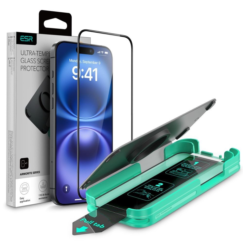 ESR Displayschutzglas Panzerglas Bildschirmschutz Schutzscheibe für iPhone 16, Spar-Set, 1 Stück, 2,5D Kanten, oleophob, antibakteriell, blasenfrei