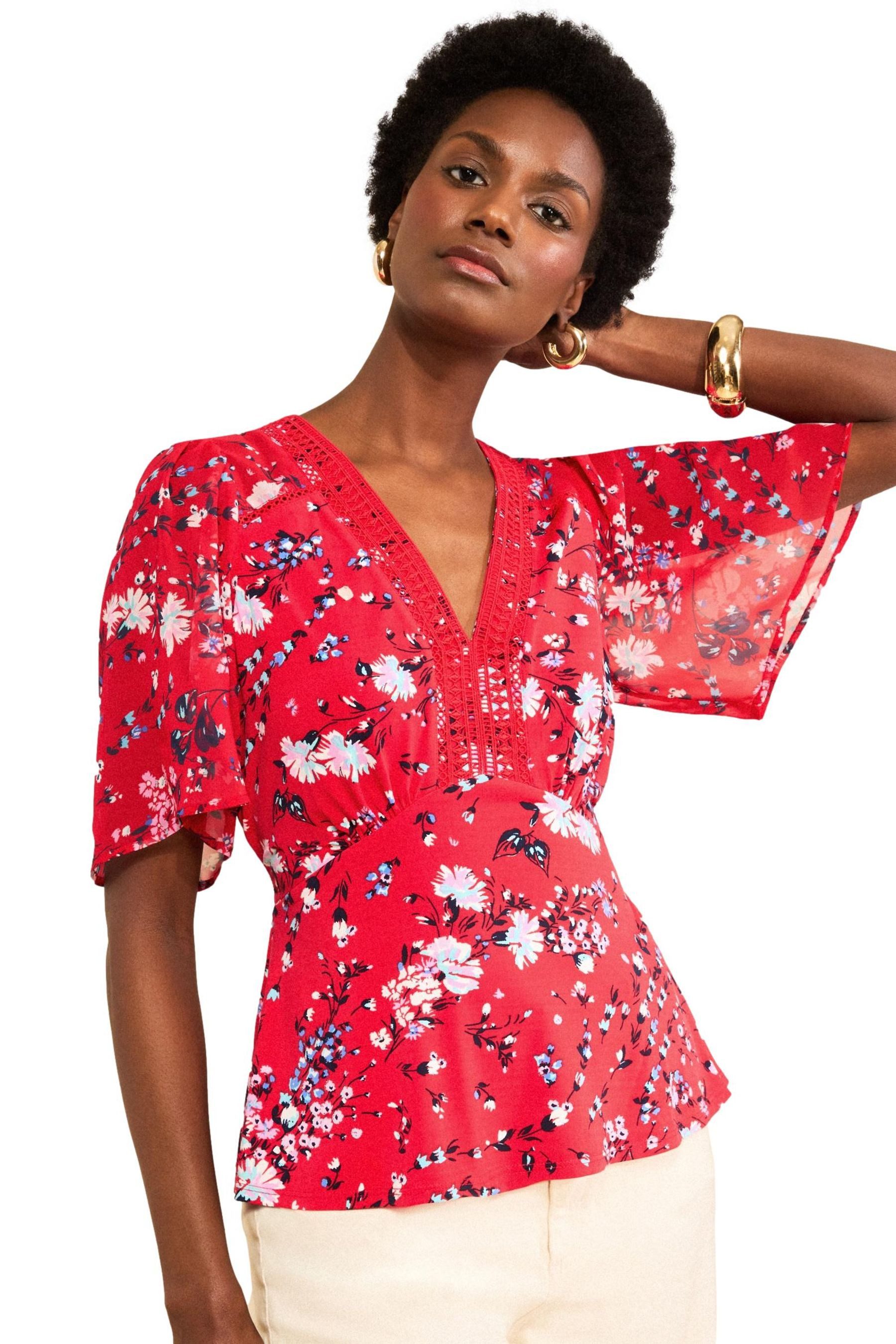 Love & Roses Spitzenbluse Love & Roses Top mit Blumen-Print und Spitzensaum (1-tlg)