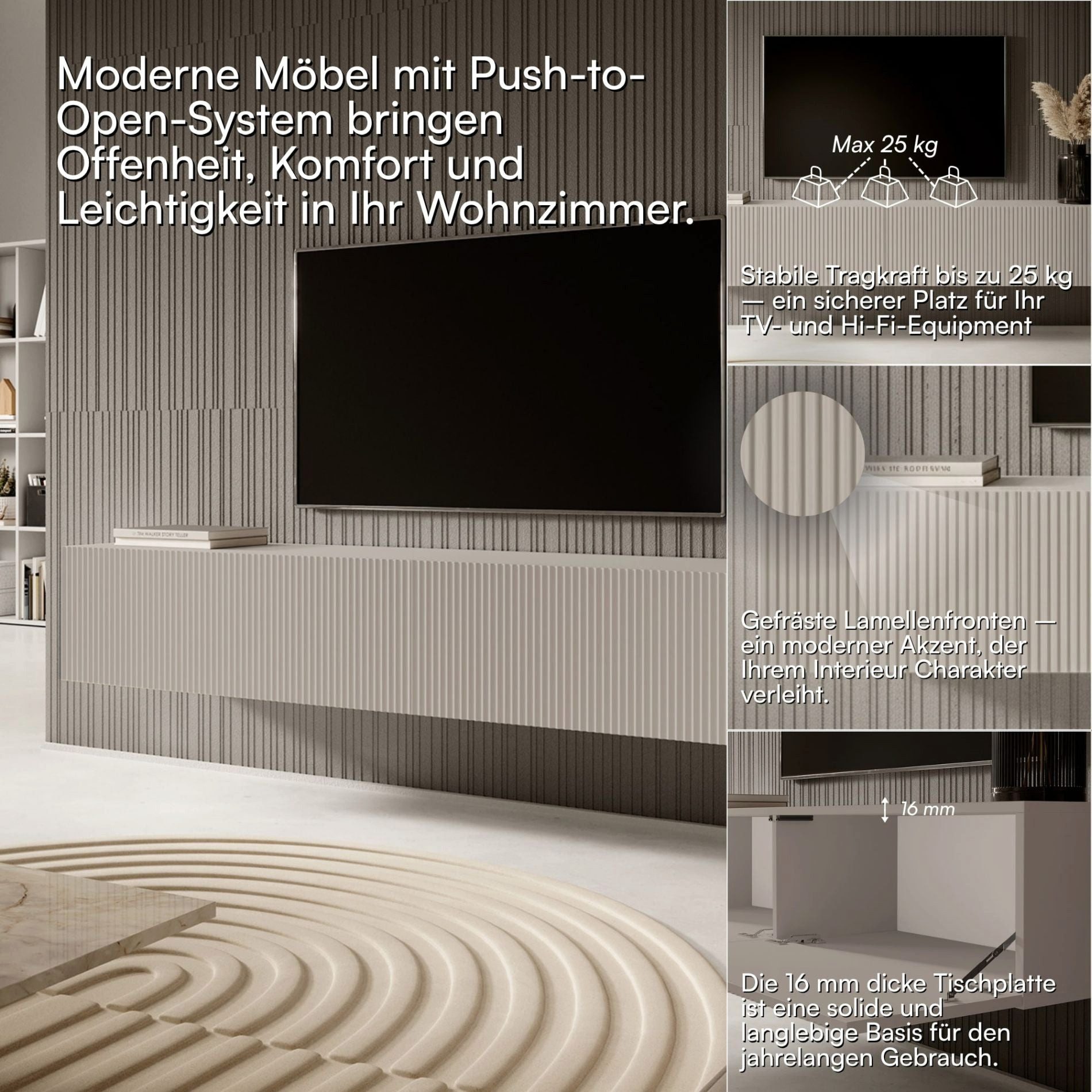 Selsey TV-Schrank Veldio Hängeboard 175 cm, geriffelte Front, Push-to-Open, Greige – Bild 5 von 5