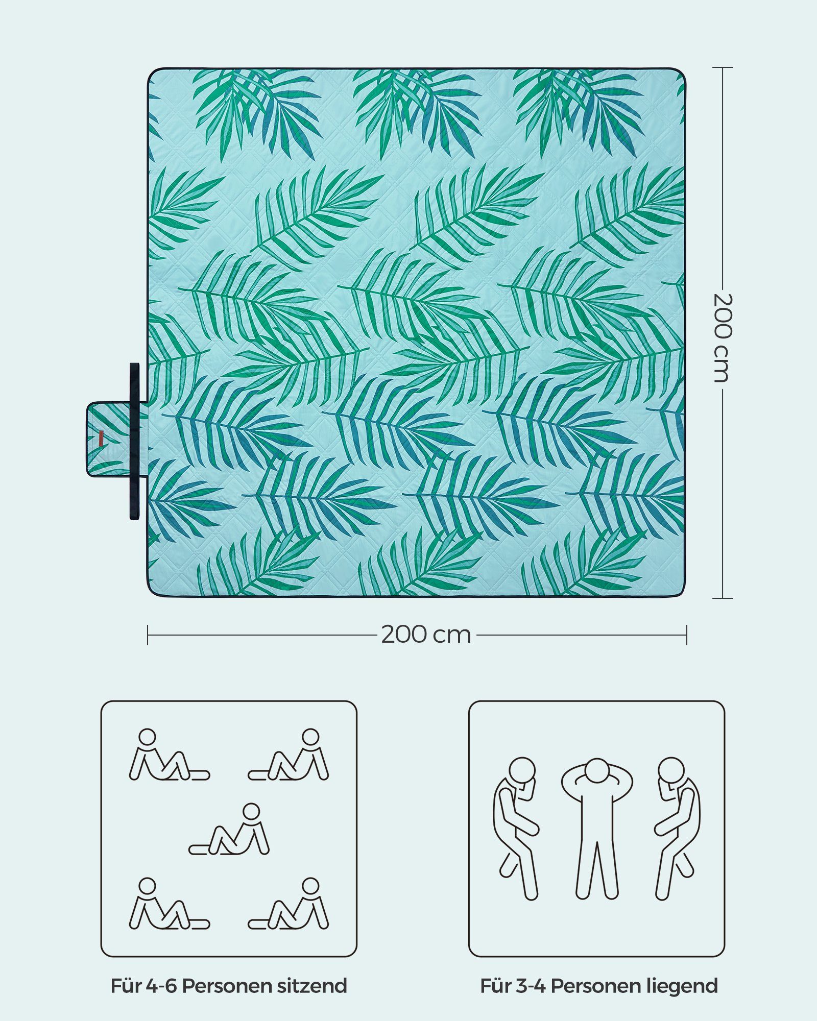 Picknickdecke 200 x 200 cm, groß, Campingdecke, für Park, Garten, Strand, SONGMICS, wasserdicht, maschinenwaschbar, faltbar, hellblau mit tropischem Farn