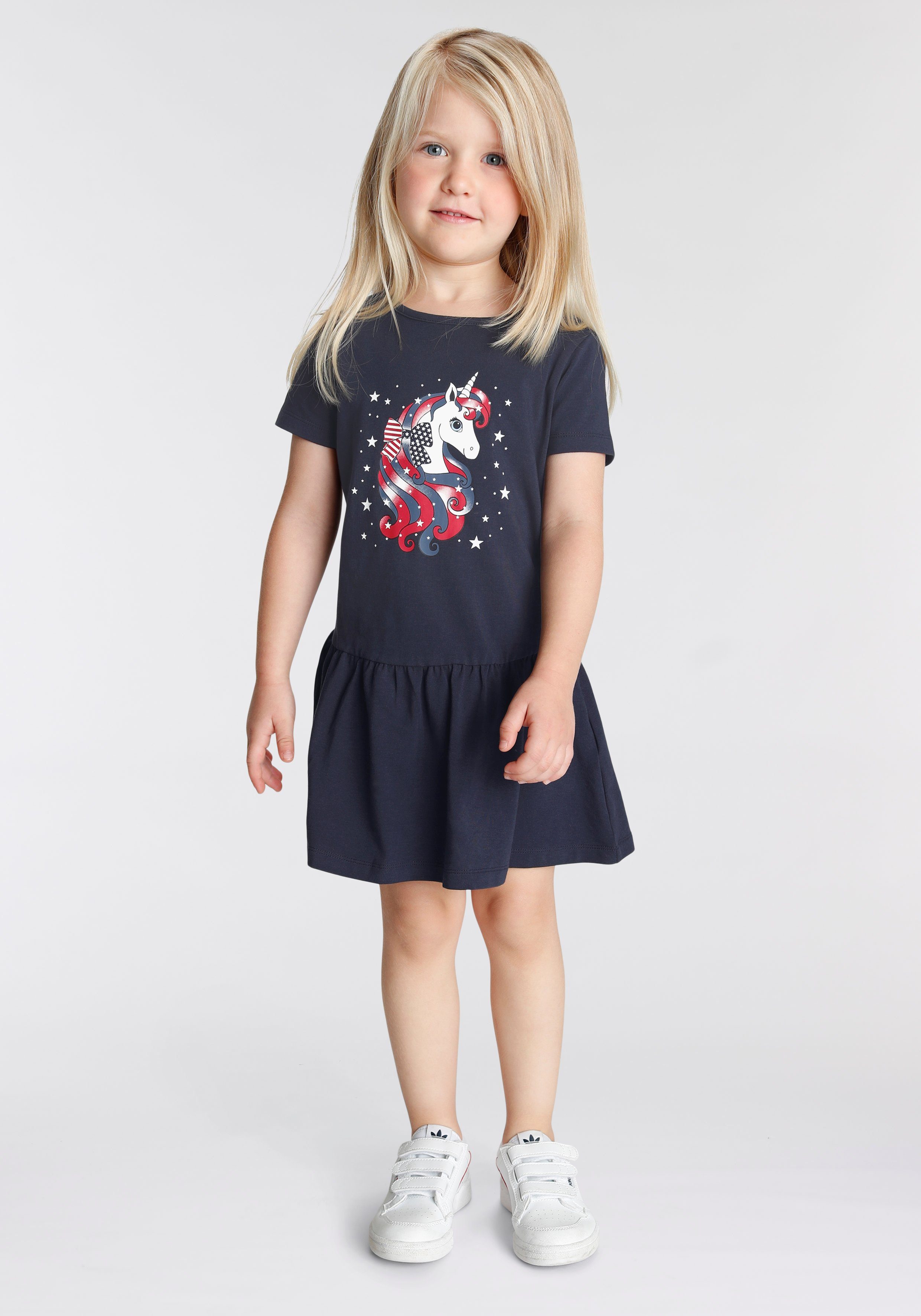 KIDSWORLD Jerseykleid Einhorn mit süßem Saum Volant am