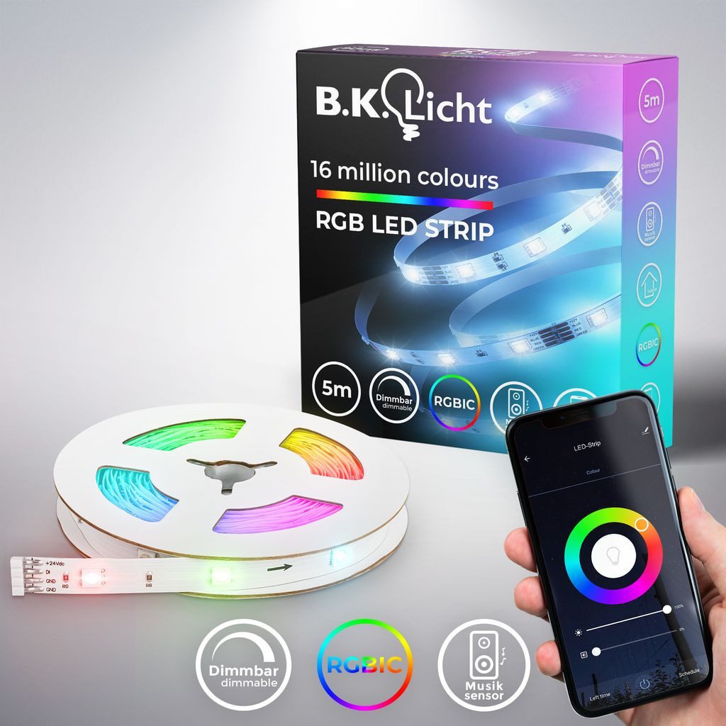 B.K.Licht LED-Streifen 5 meter Magic RGB Band Musiksensor selbstklebend - BKL1565, 150-flammig, Magic RGB Stripe 230V Fernbedienung kürzbar indoor