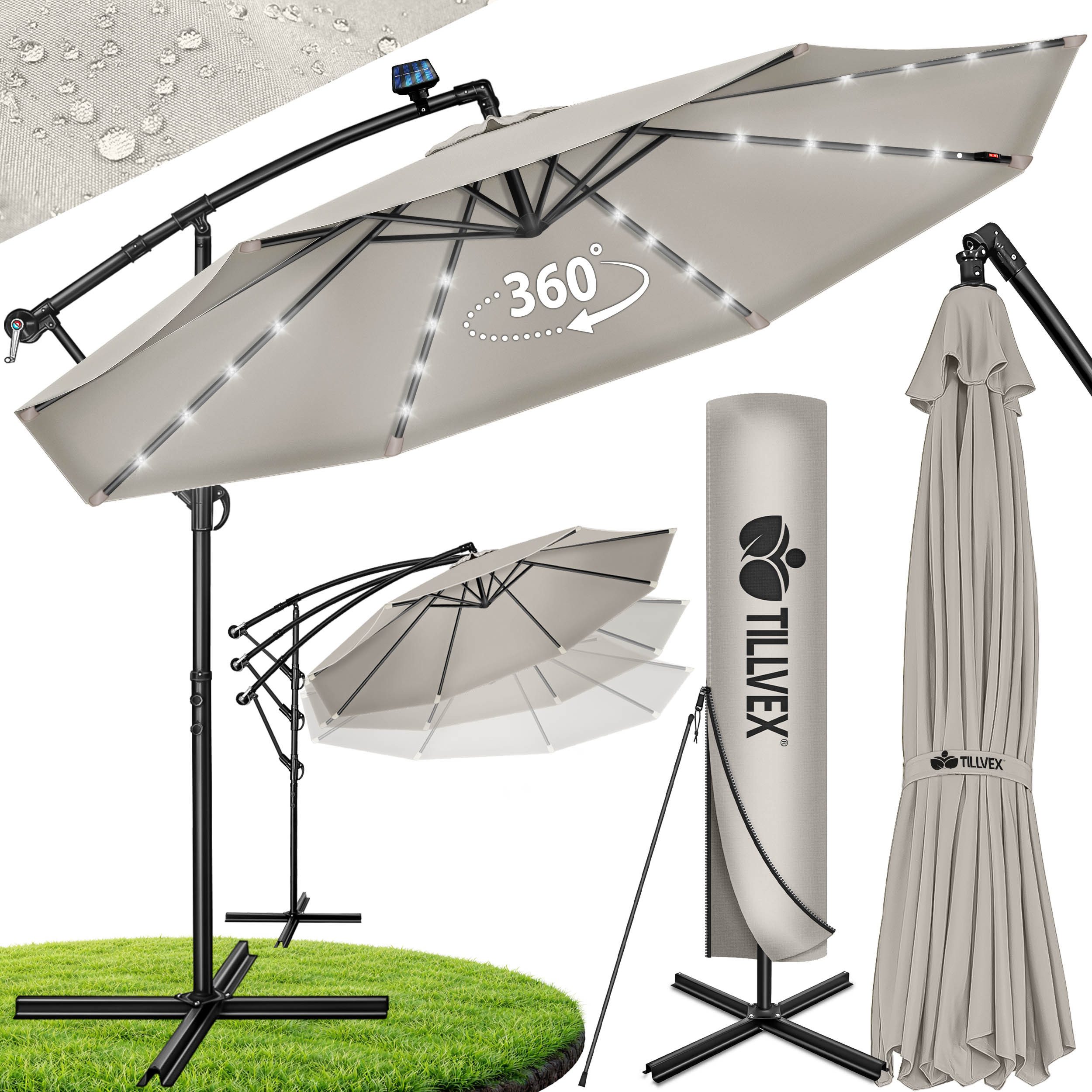 tillvex Sonnenschirm tillvex® Sonnenschirm LED Solar Ø 3m Ampelschirm Balkon Gartenschirm, Alu Ampelschirm + Abdeckung LED Solar Ø 350 cm mit Kurbel, Abdeckung + Ständer, Gartenschirm UV-Schutz Aluminium, Kurbelschirm Marktschirm wasserdicht 360° drehbar