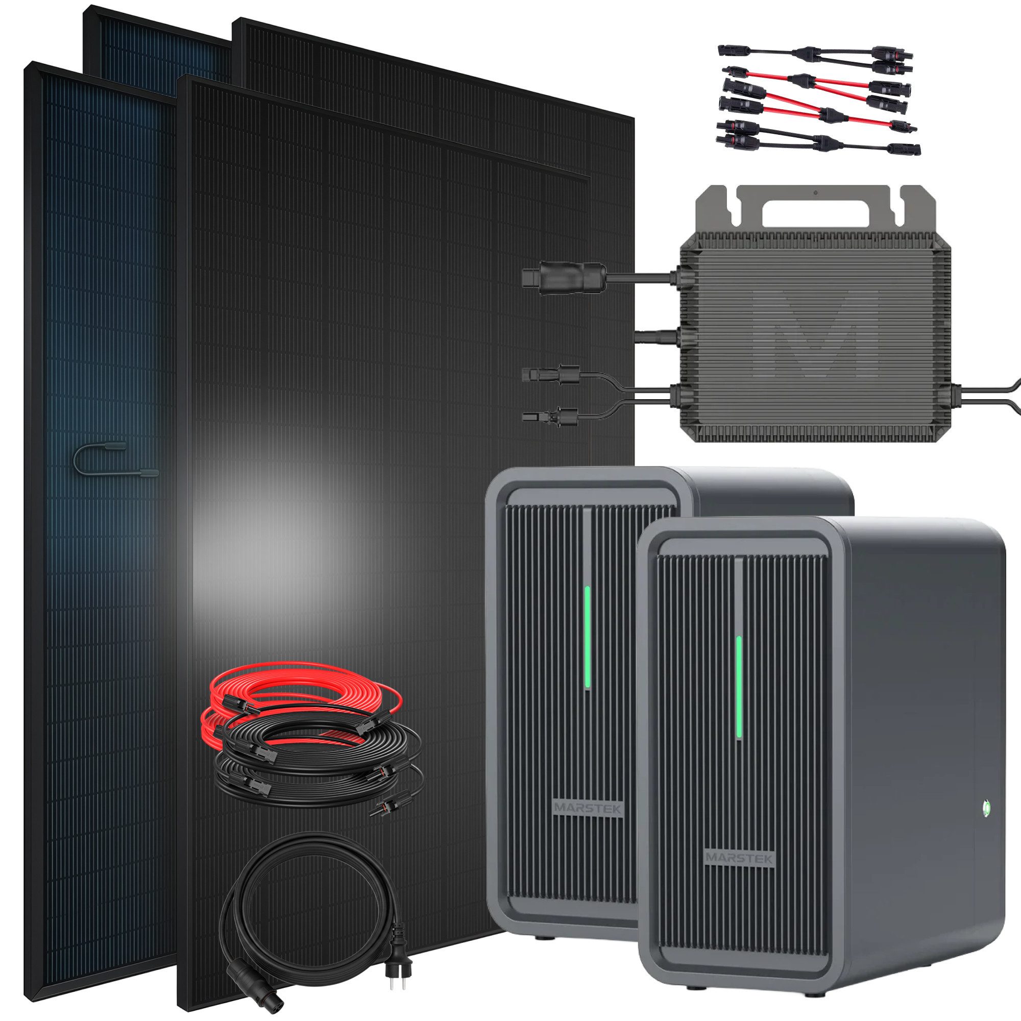 SUNNIVA Balkonkraftwerk 1840W mit 4.48 kWh Speicher Marstek 2x B2500-D, (BIFAZIAL FULLBLACK komplett Steckdose, PV Solaranlage Komplettset mit Solarspeicher, 4x 460W N-Type Glas-Glas Bifacial Module)