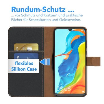 EAZY CASE Handyhülle Bookstyle Jeans für Huawei P30 Lite / New Edition 6,15 Zoll, Handytasche Jeans mit Standfunktion und Visitenkartenfach Schwarz