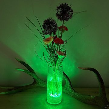 Online-Fuchs Tischvase Große Glasvase mit LED-Unterwasserbeleuchtung RUND Hammerschlag (LEDs herausnehmbar), 12 LEDs, RGB, 2-, 4- oder 6-Stunden-Timer, 25 cm hoch