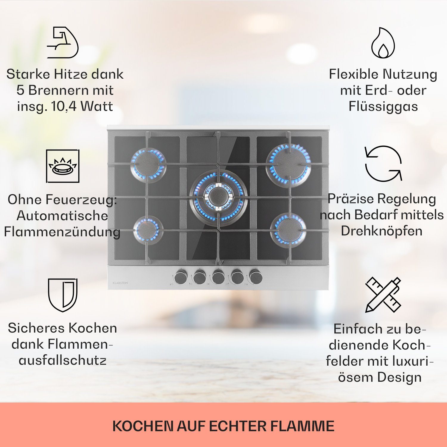 Klarstein Gas-Kochfeld Alchemist, 5 Zonen Gaskochfeld Aluminium-Brenner Glaskeramik schwarz