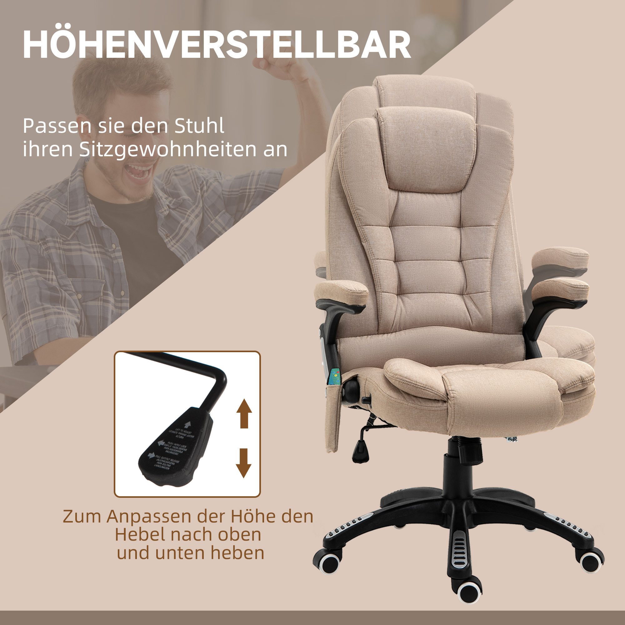Vinsetto Schreibtischstuhl Ergonomischer Chefsessel Computerstuhl mit Heiz-/Liegefunktion (Massagesessel, 1 St), für Wohnbereich, Braun – Bild 5 von 5