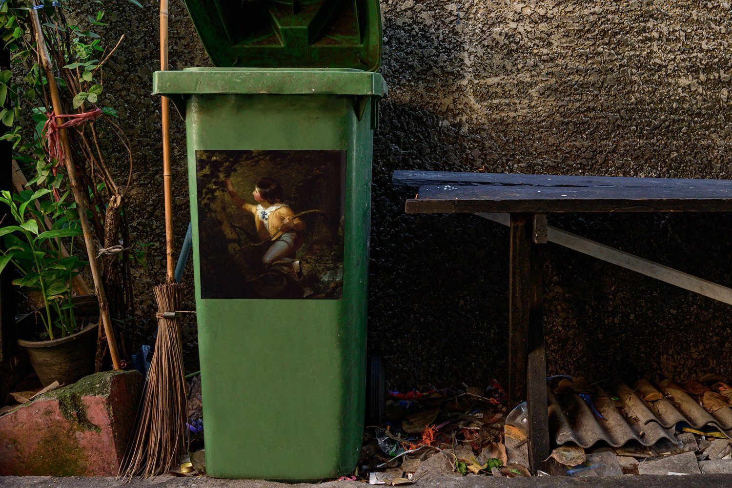 - Mülltonne, Gemälde Abfalbehälter (1 Mülleimer-aufkleber, Wandsticker Leutze von Emanuel Gottlieb Vogelnestbau Container, St), MuchoWow Sticker,