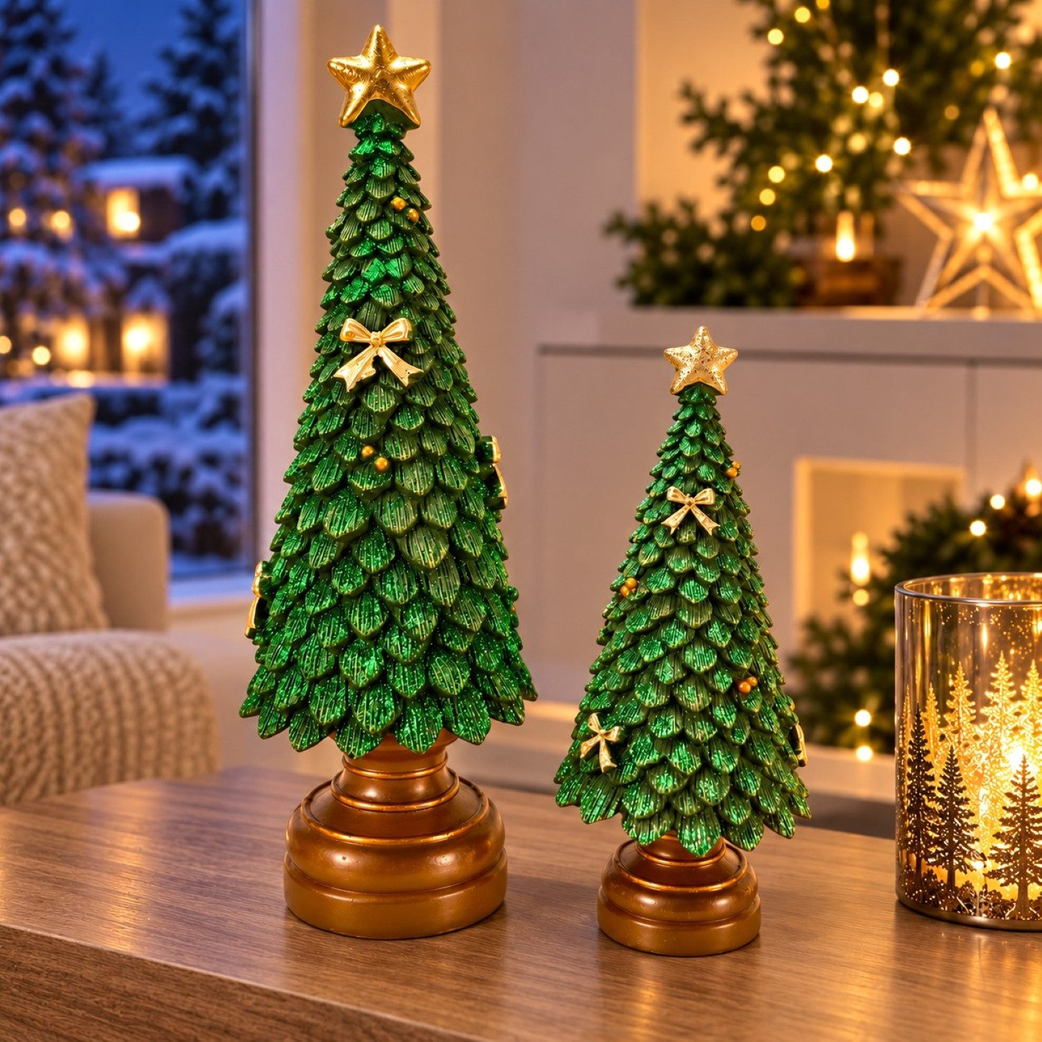 Online-Fuchs Dekofigur Set künstlicher Weihnachtsbaum, Tannenbaum - moderne Weihnachtsdeko (Grün mit goldenen Schleifen und Stern verziert, stilvoll und elegant), reichlich Glitzer sorgt für ein funkelndes Desgin