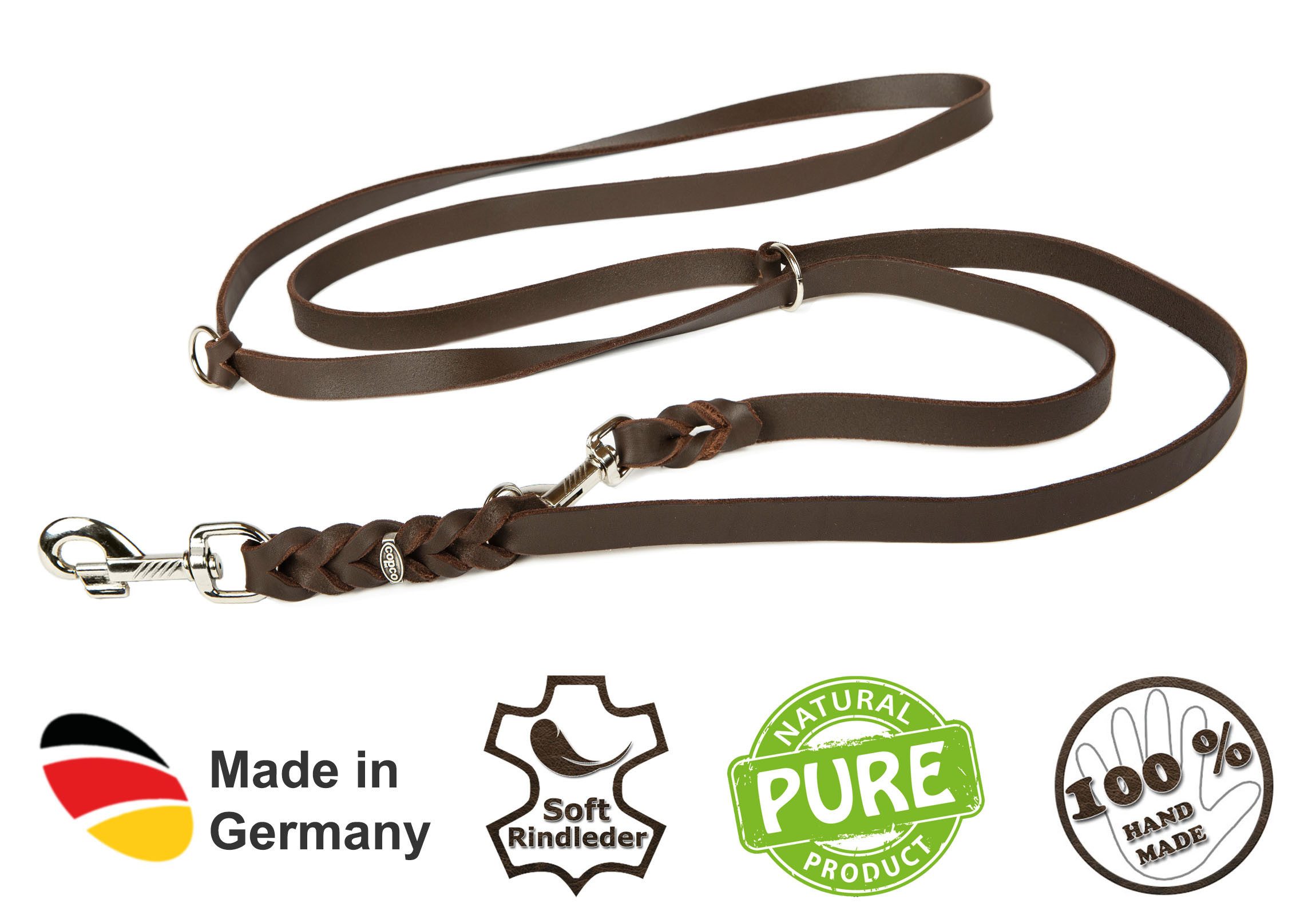 CopcoPet Hundeleine Fettlederleine Hundeleine geflochten dreifach verstellbar, Leder, Führerleine, zum umhängen, pflanzlich gegerbt, verschiedene größen