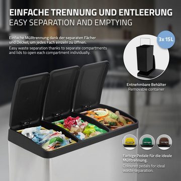 ML-DESIGN Mülleimer Mülltrennsystem aus Stahl mit 3 Fächer aus Kunststoff Mülltrennung, Mülleimer Silber mit 3 Kunststoff Fächer 15L ‎59x35x47cm