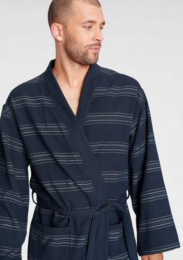 TOM TAILOR HOME Unisex-Bademantel Wellness Kimono, Langform, Webfrottier, Stehkragen, Gürtel, für Damen & Herren, im Kimono-Style, gestreift